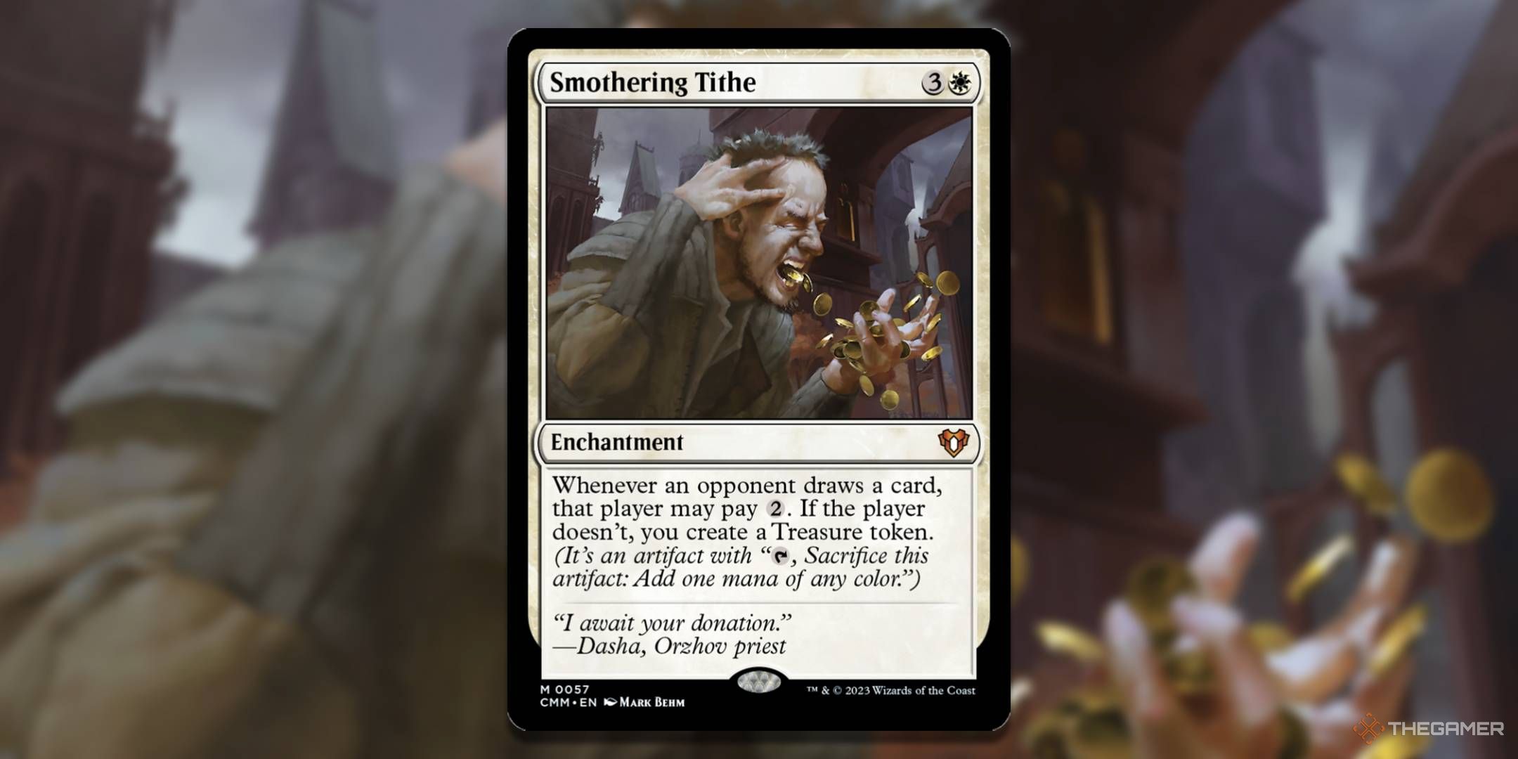 MTG Smothering Tithe card with the art in the background.