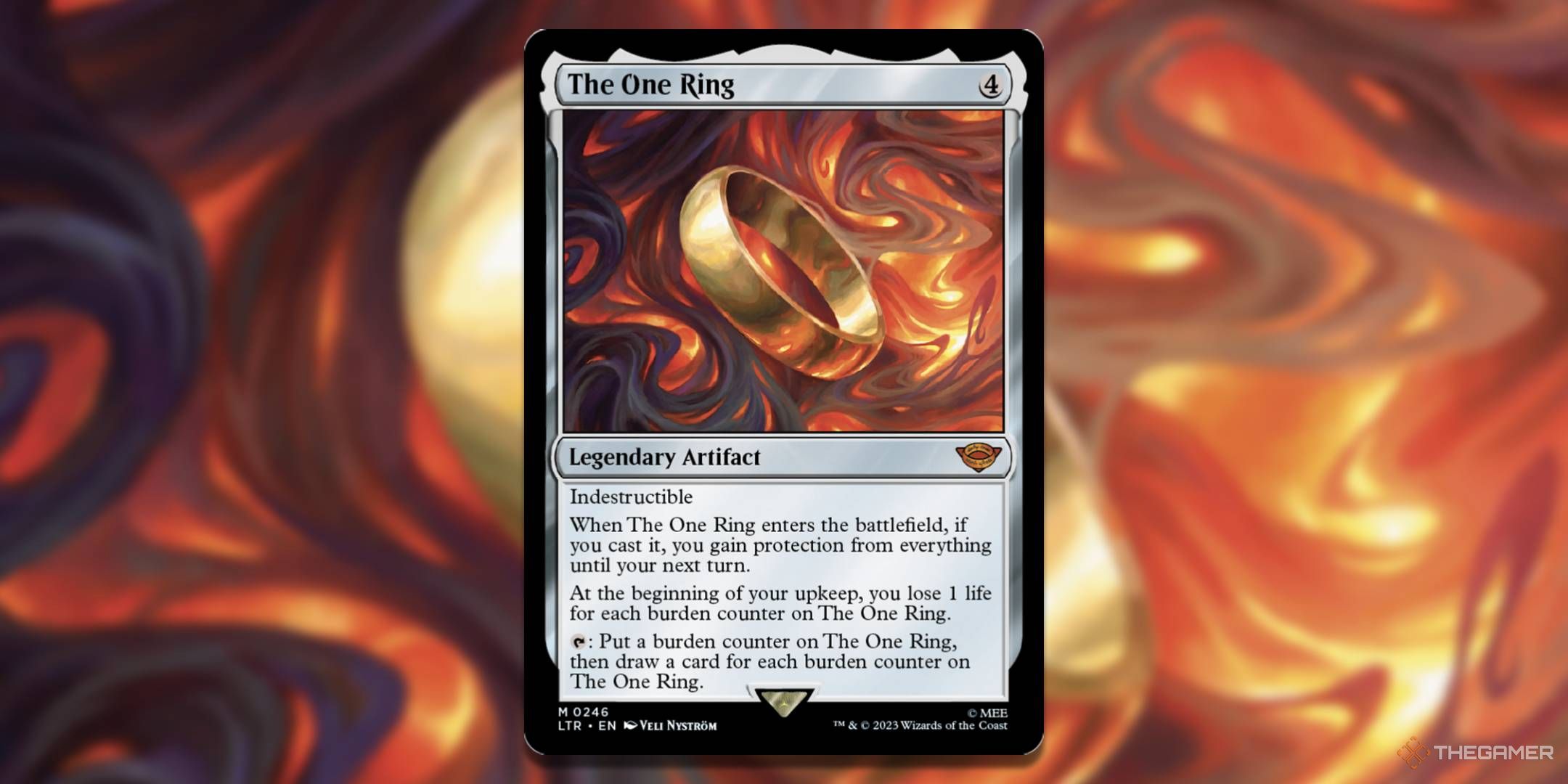 MTG The One Ring card with the art in the background.