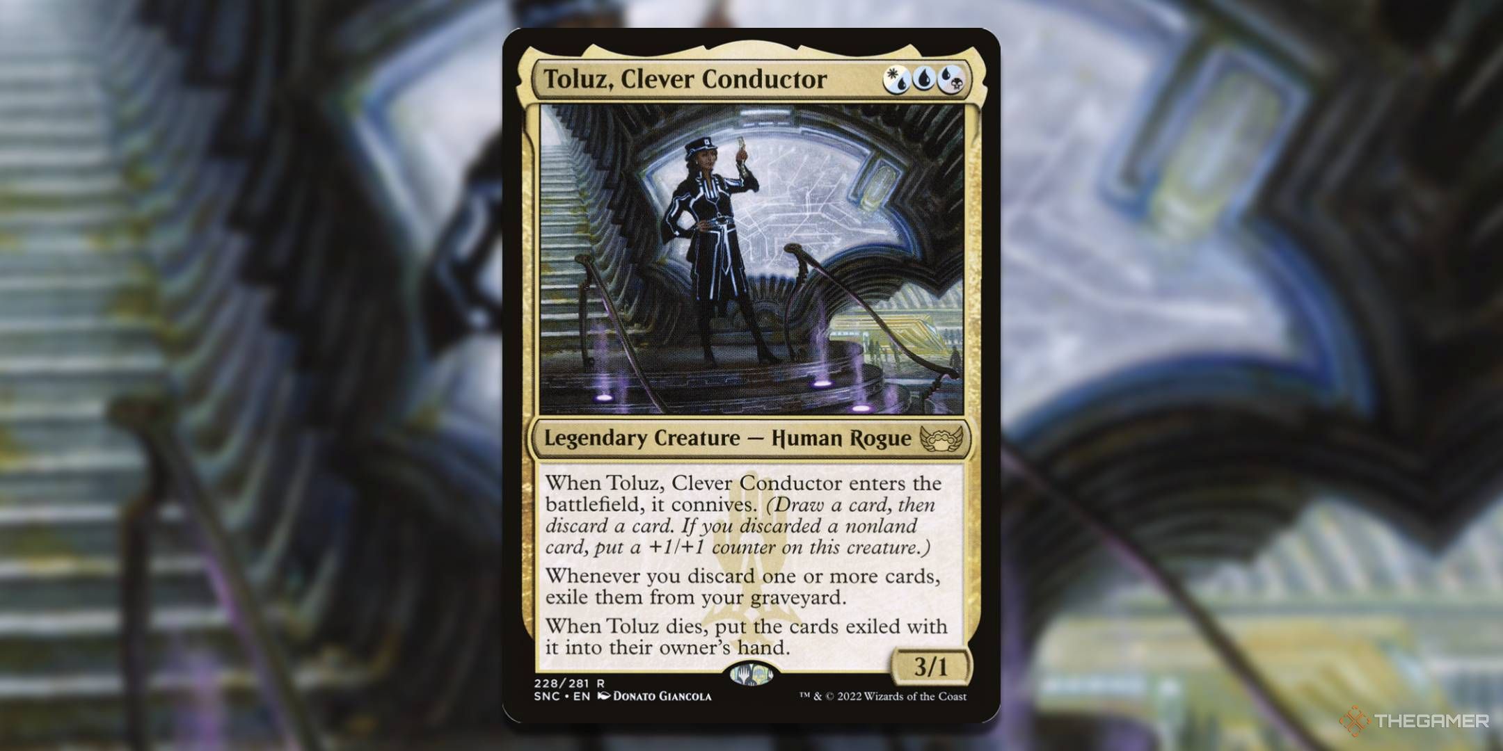 MTG Toluz, Clever Conductor card with the art in the background.