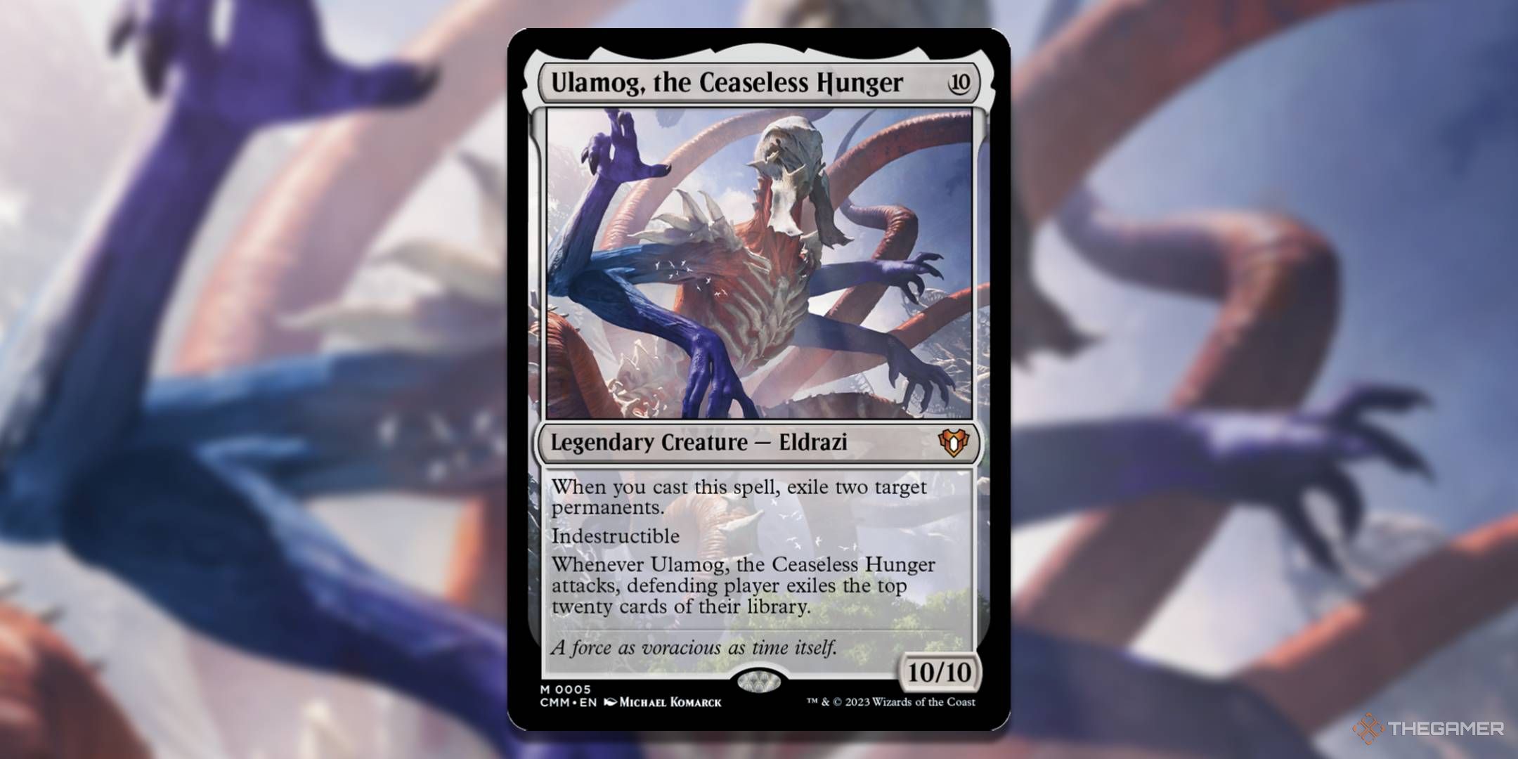 MTG Ulamog, the Ceaseless Hunger card with the art in the background.