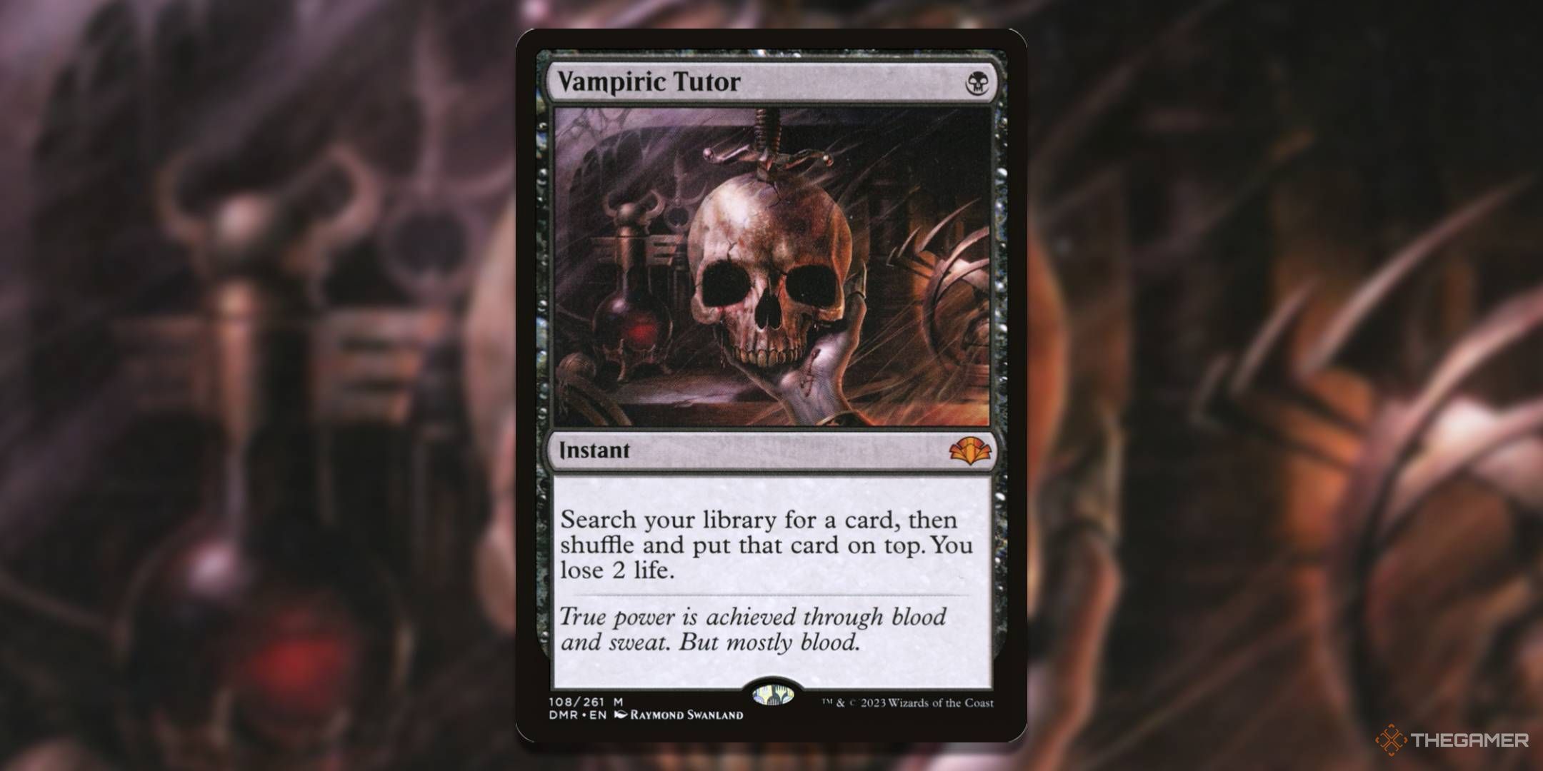 MTG Vampiric Tutor card with the art in the background.