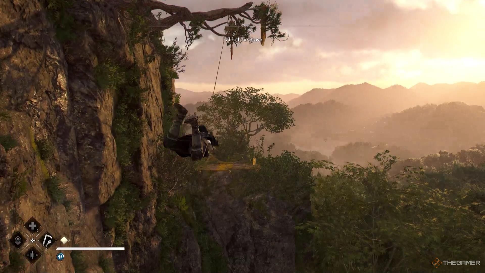 Naoe swings from her grapple across a chasm in Assassin's Creed Shadows.