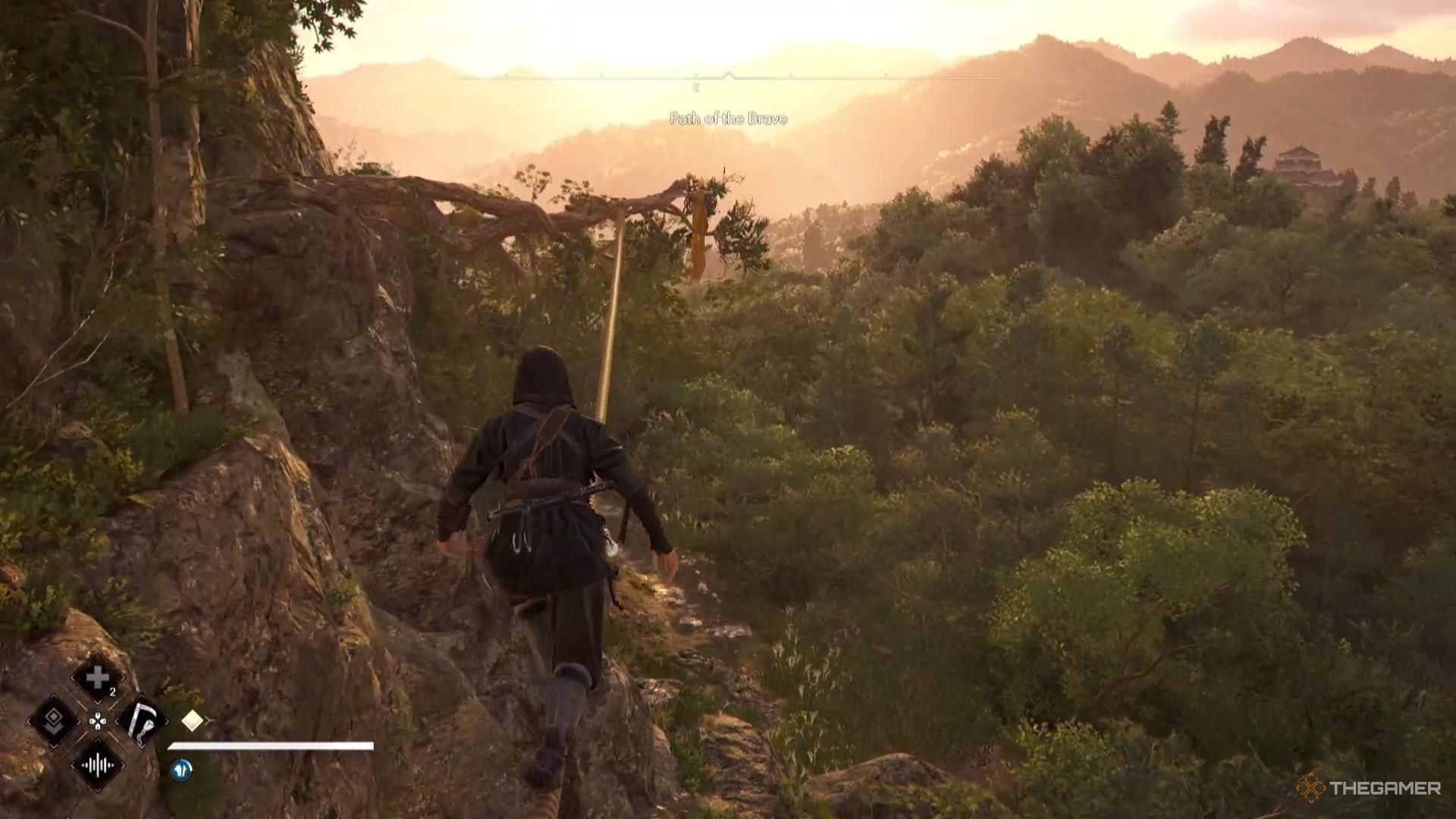 Naoe walks across a rope tied to a tree branch in Assassin's Creed Shadows.