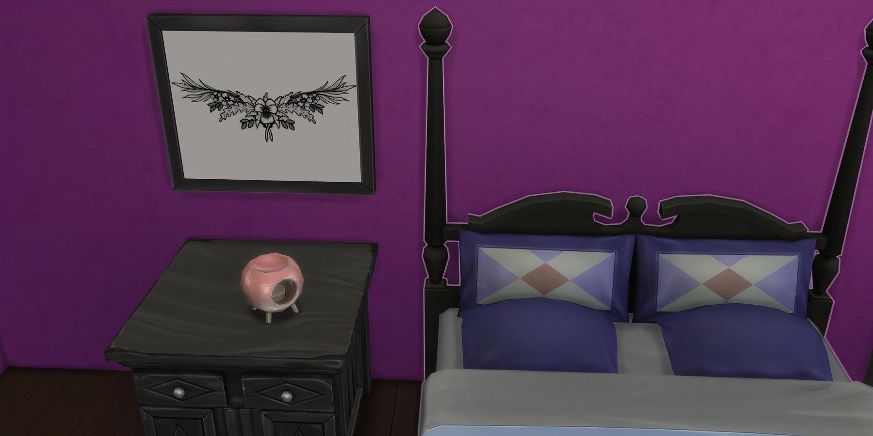 An oil burner with the blush glaze sits atop a bedside table in The Sims 4.
