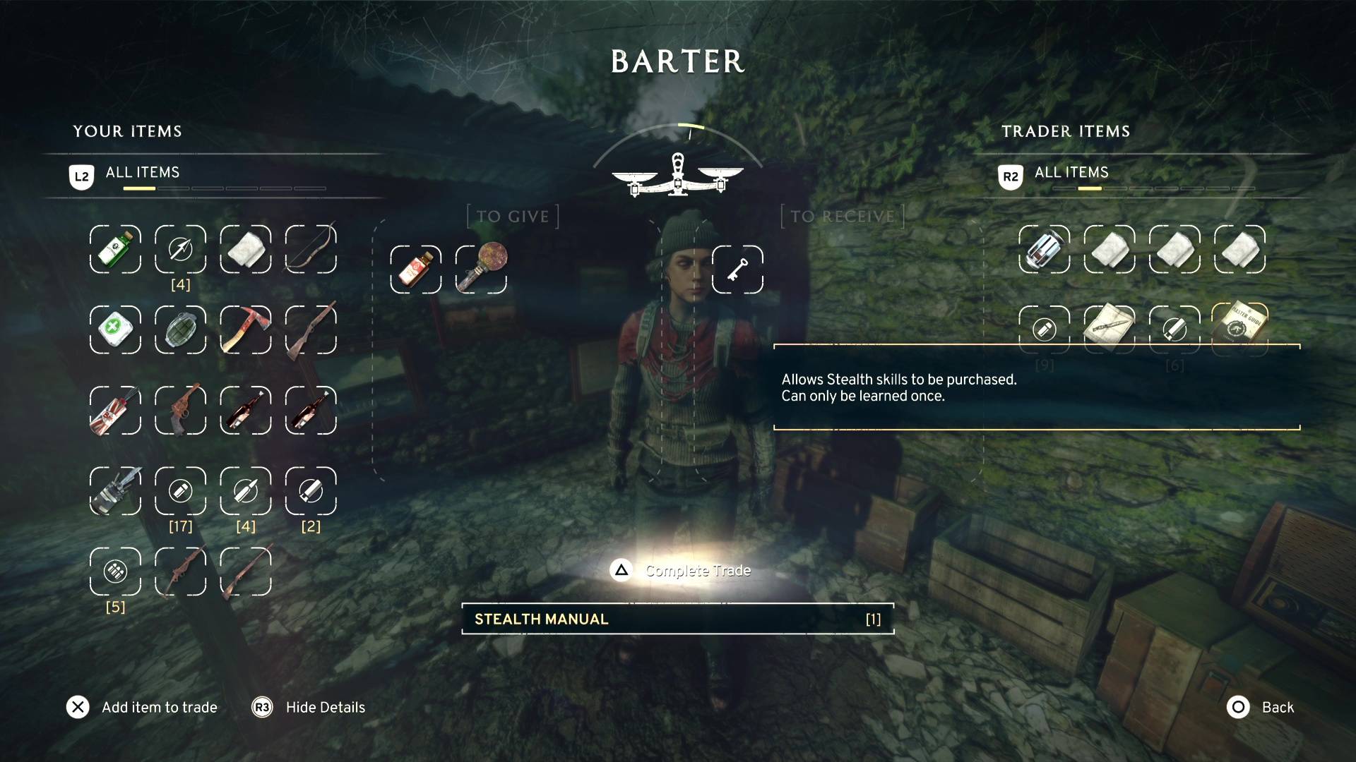 Bartering with Molly Jowett in Atomfall for the Stealth Training Manual.