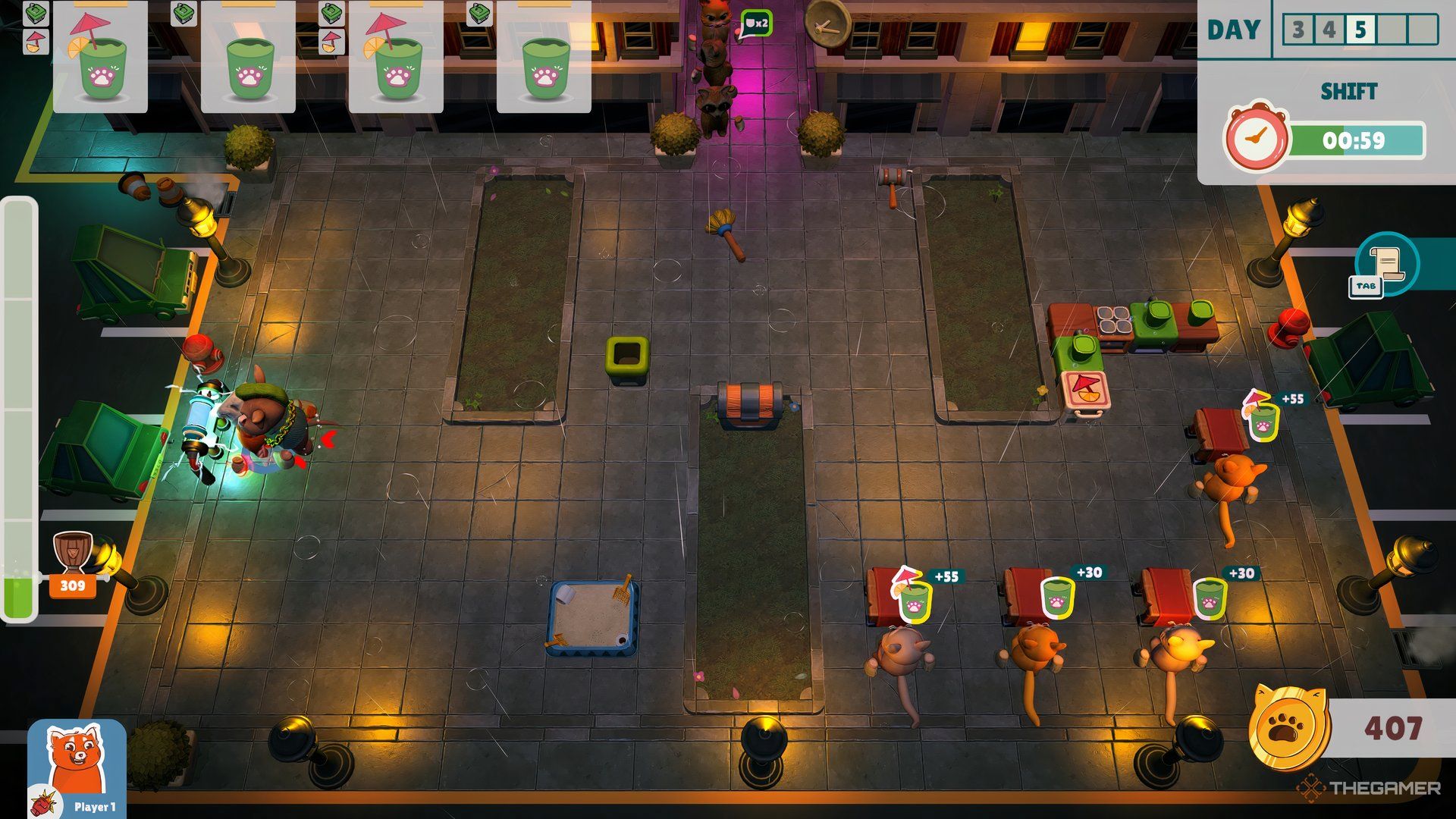 A red panda using the boxing glove power up on a rich pig in Party Club.