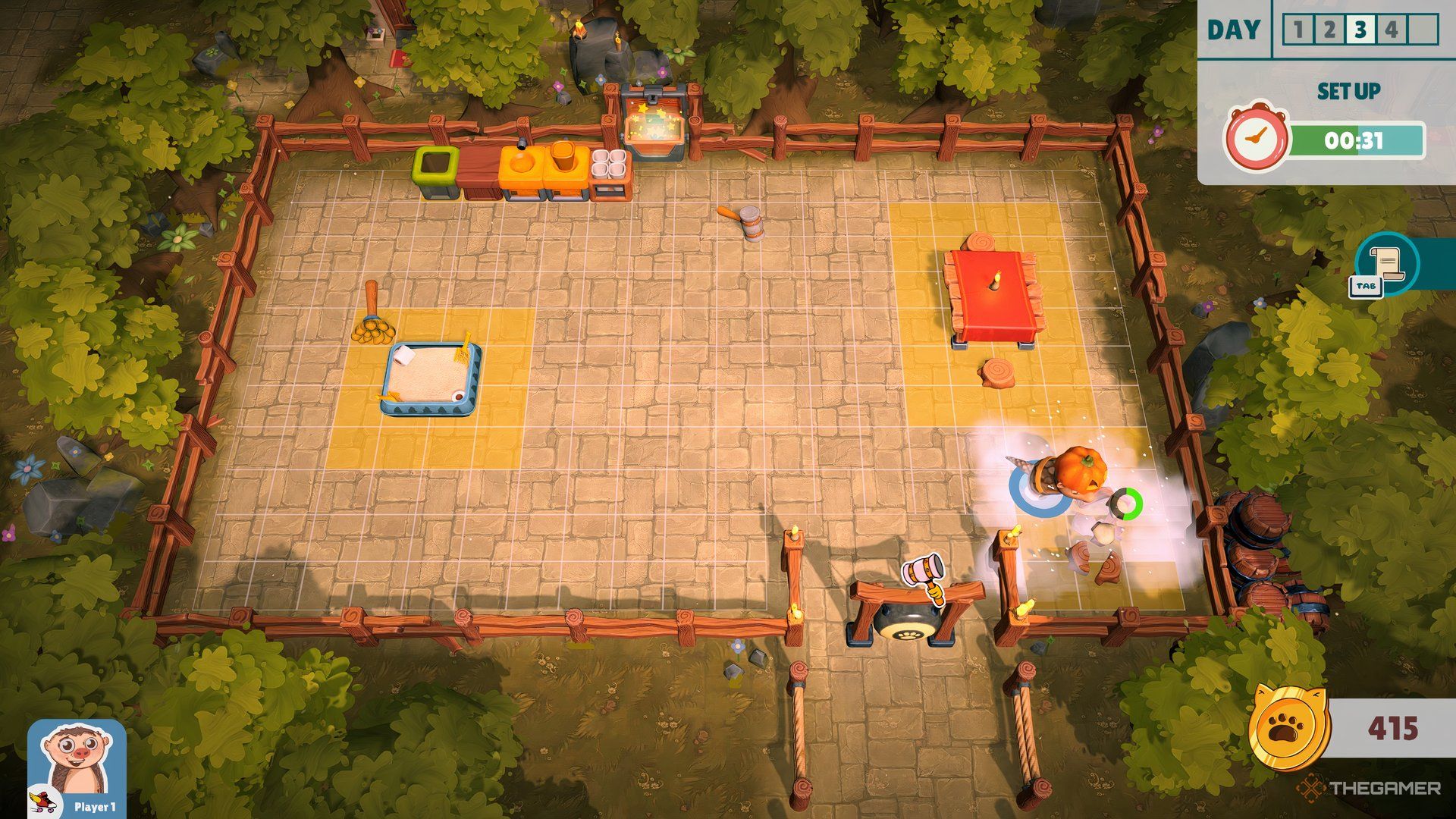A pangolin building a table in the corner in Party Club, showing the progress metre.