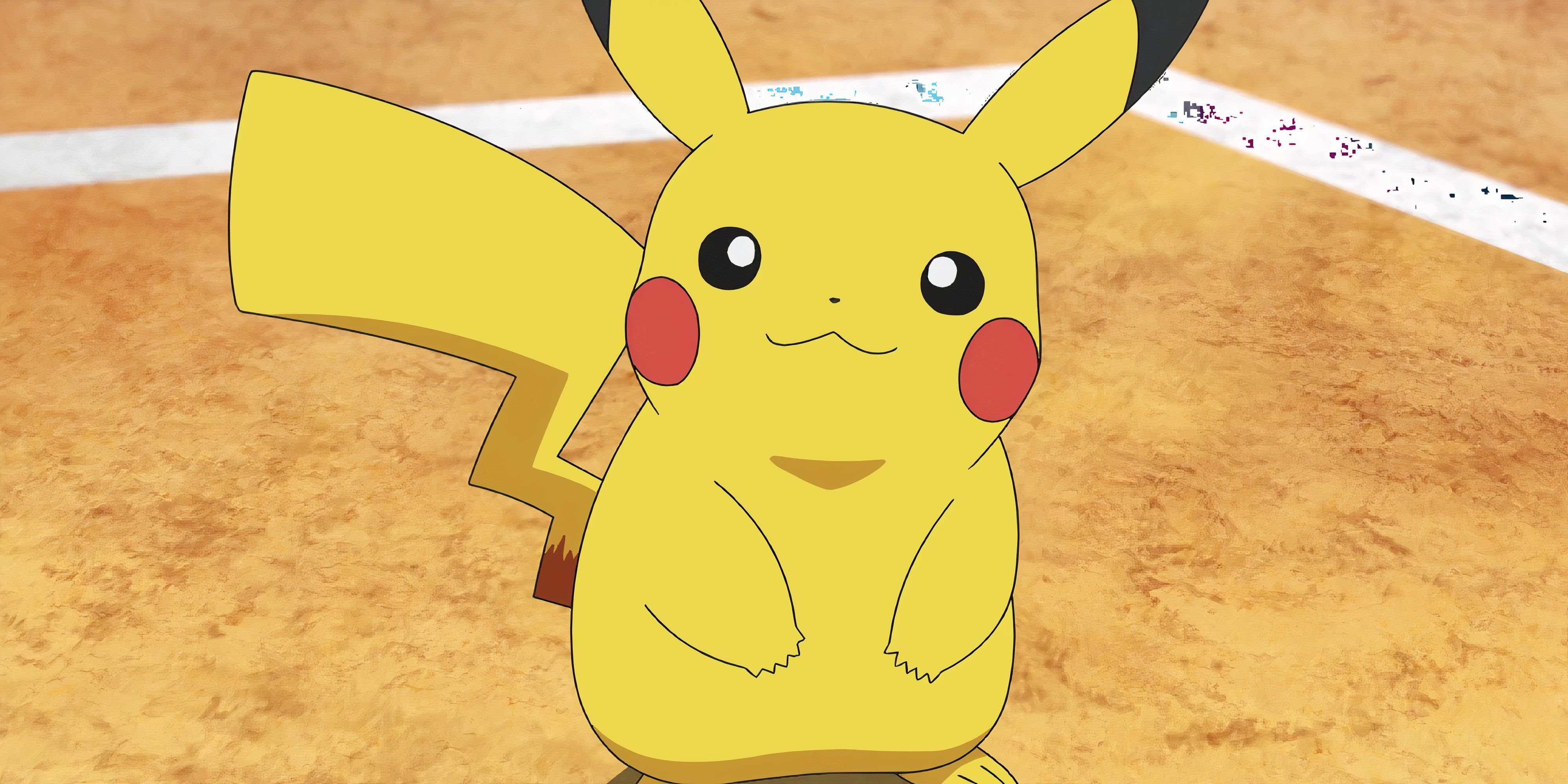 Pikachu smiling at the camera in the Pokemon anime.