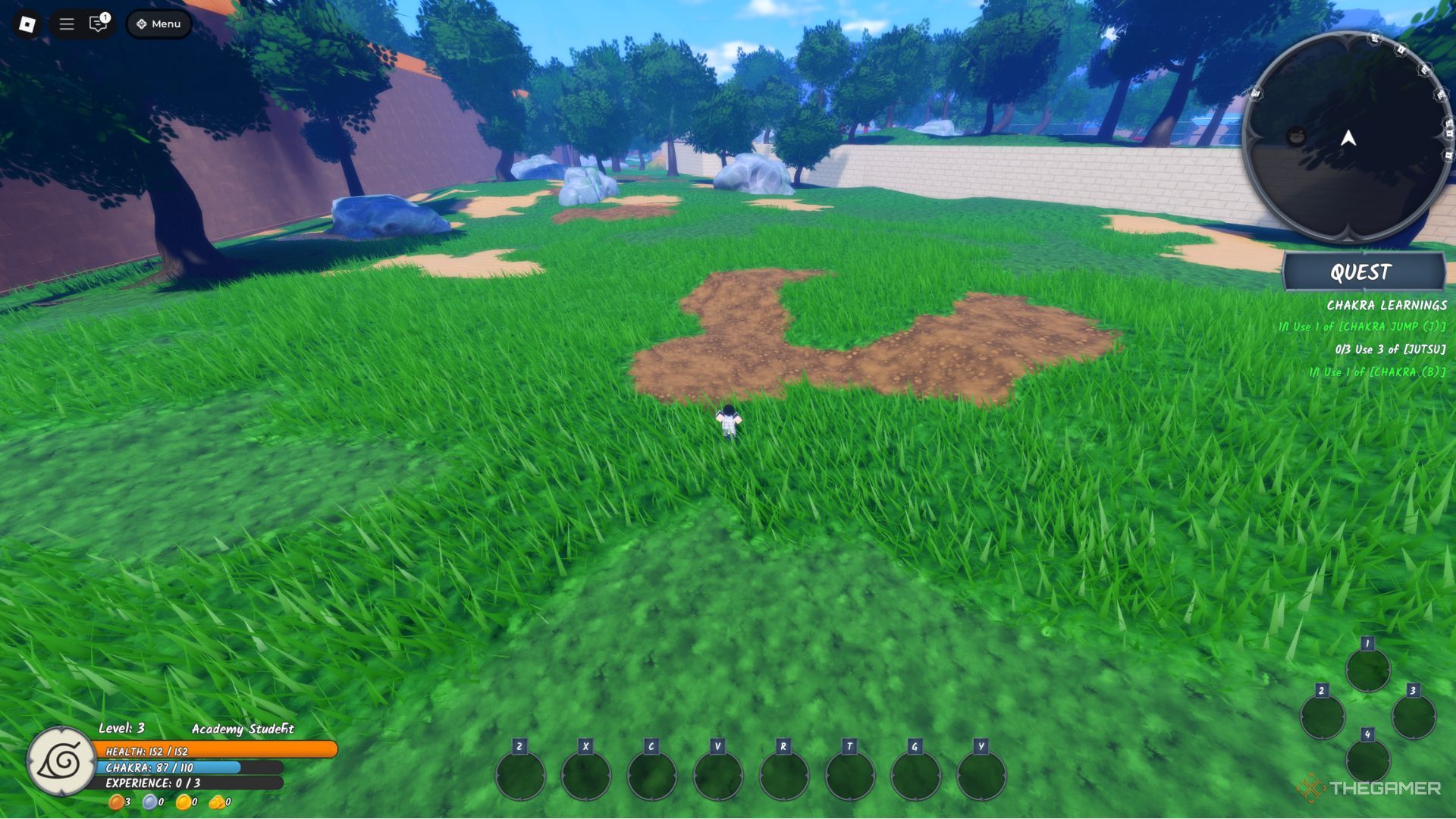The player character is running in the forest near the Leaf Village in Ninja Time.