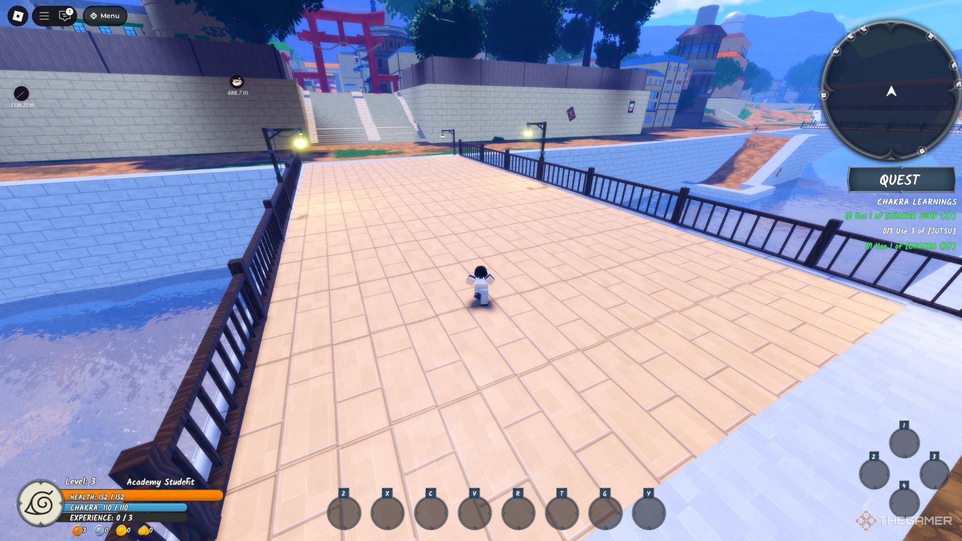The player character runs through the bridge in the Hidden Leaf village in Ninja Time.