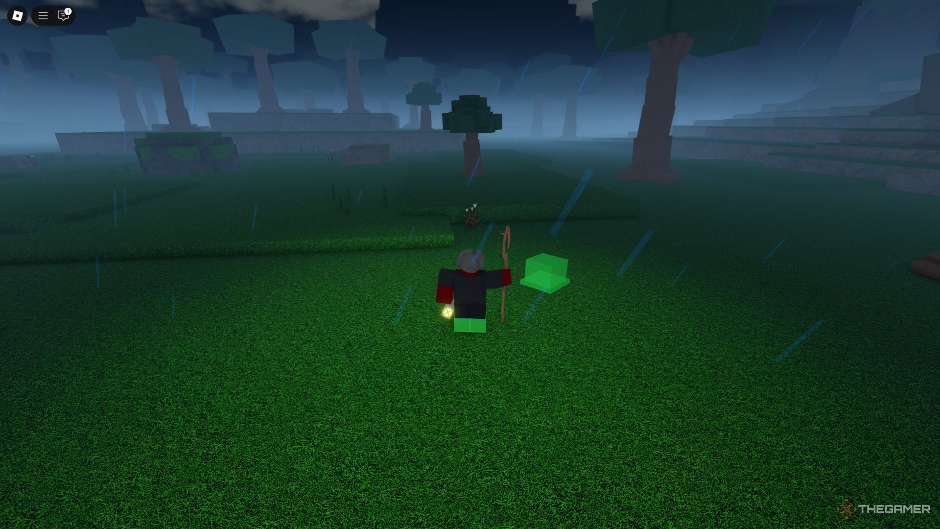 The player character with a Lantern in the forest near the starting location in Rune Slayer.