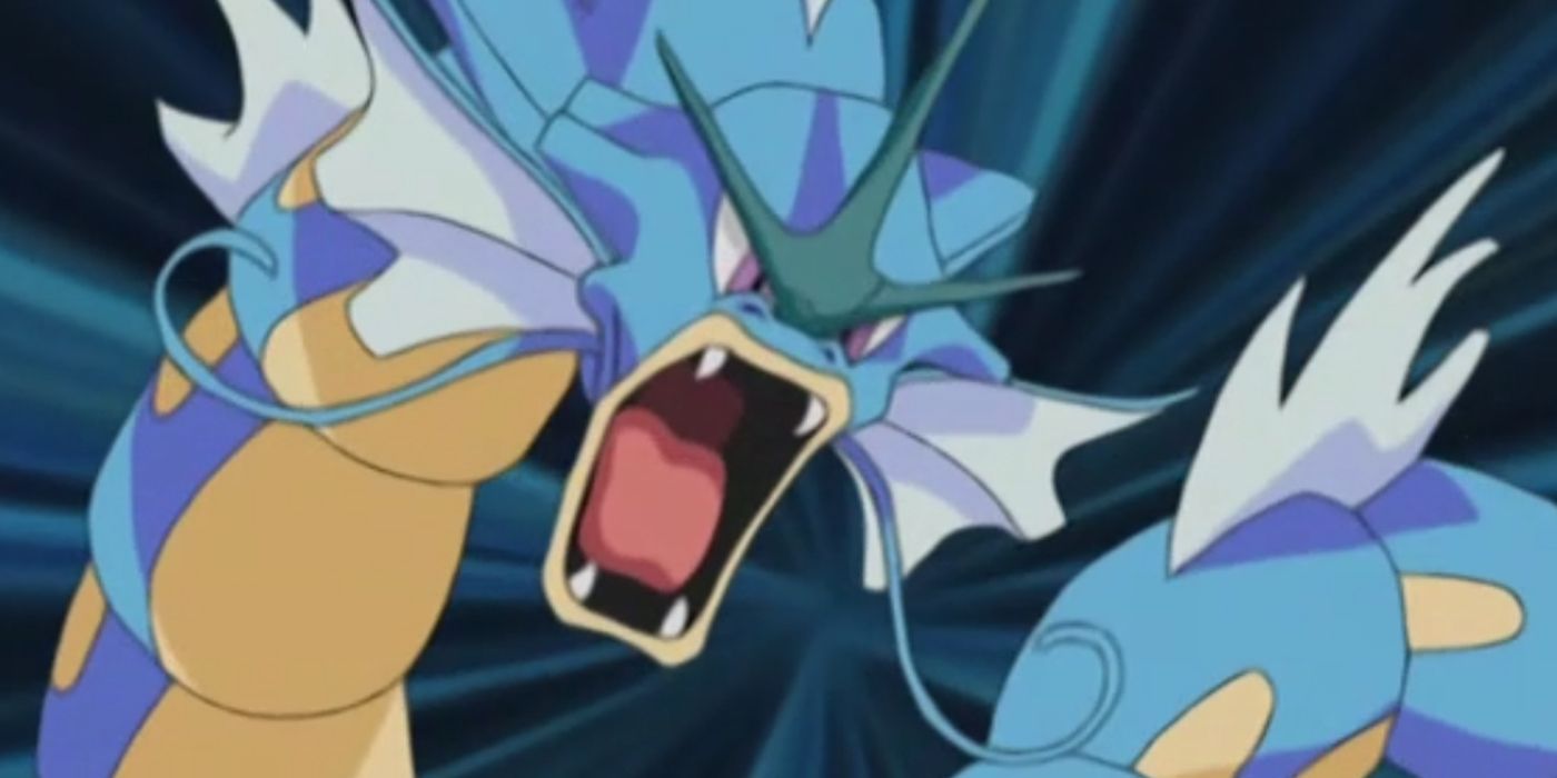 Gyarados roaring menacingly in the Pokemon anime series.