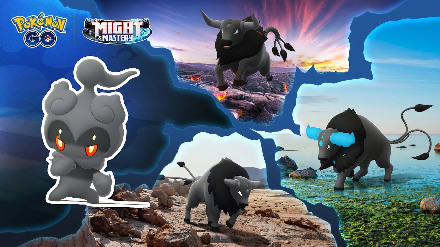 Image of Marshadow next to Blaze Breed, Combat Breed, and Aqua Breed Paldean Tauros.
