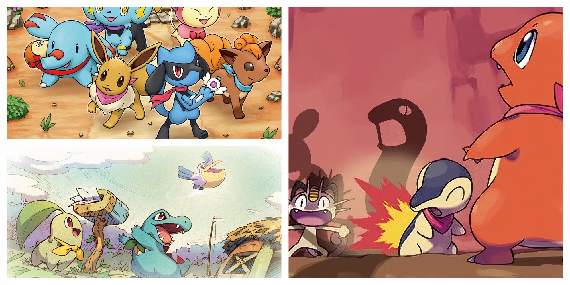 pokemon mystery dungeon, Rilou amongst other partner Pokemon such as Meowth, Eevee and Vulpix across different locations