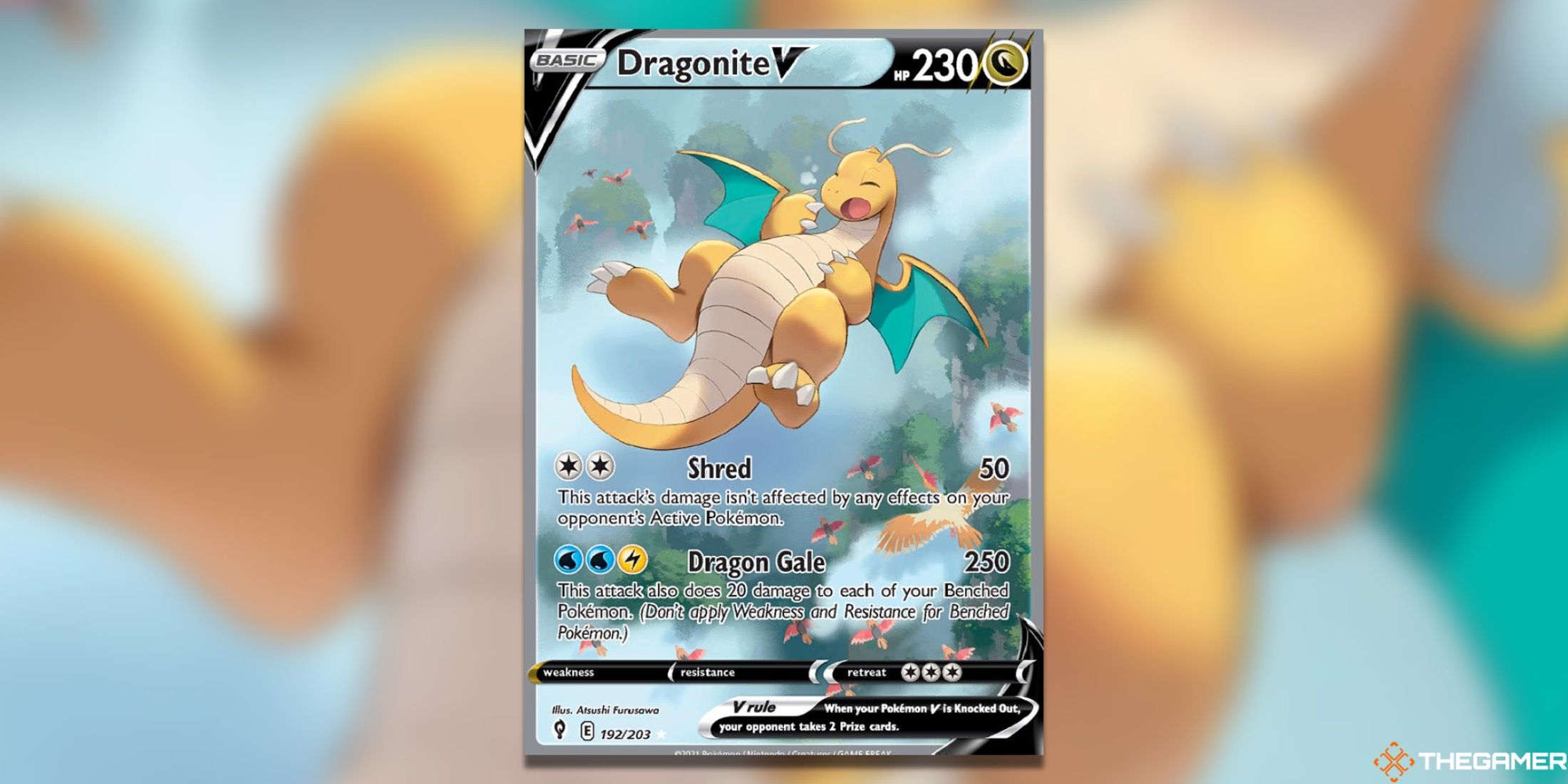 The Dragonite V from Evolving Skies in the Pokemon TCG.