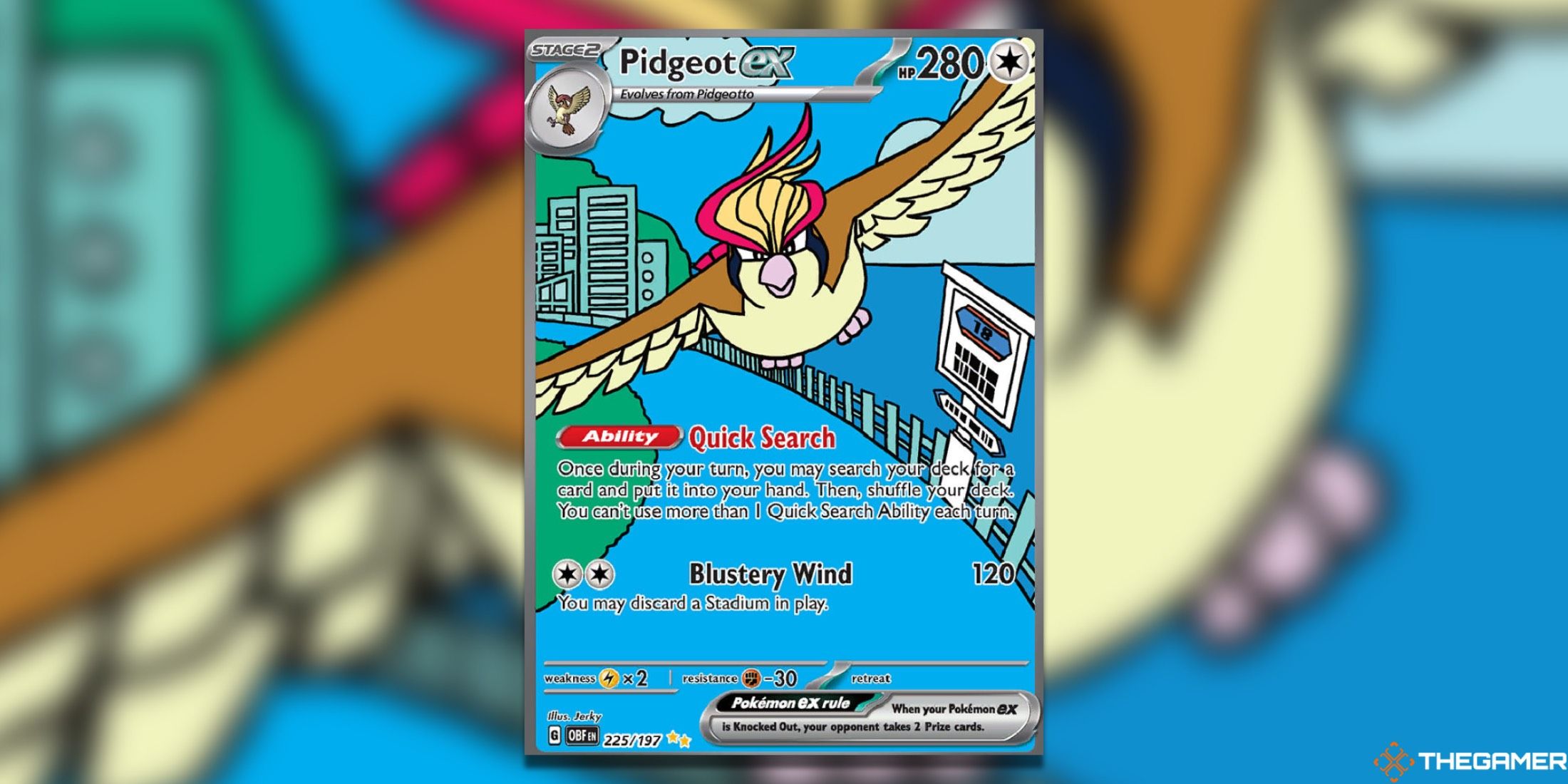 The Pidgeot from Obsidian Flames in the Pokemon TCG.