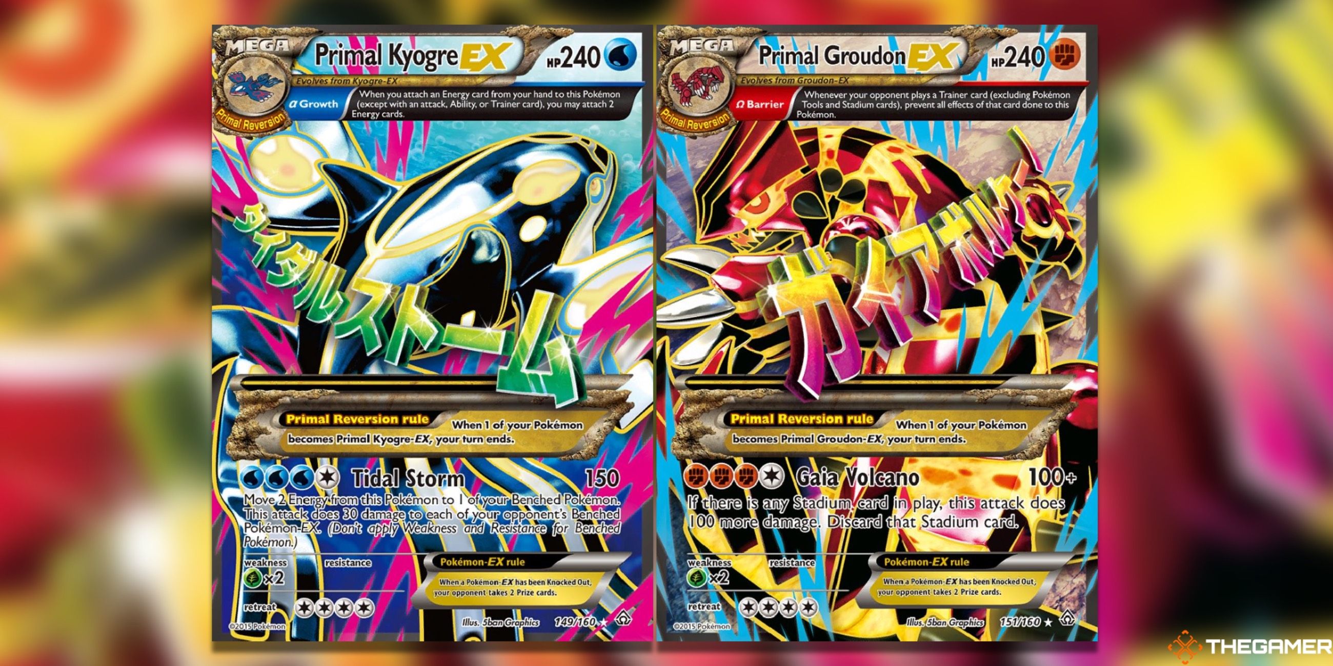 The Primal Clash Primal Kyogre EX and Primal Groudon EX Full Arts from the Pokemon TCG.
