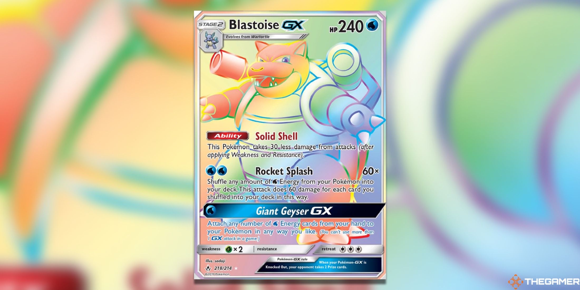 The Unbroken Bonds Blastoise GX from the Pokemon TCG.