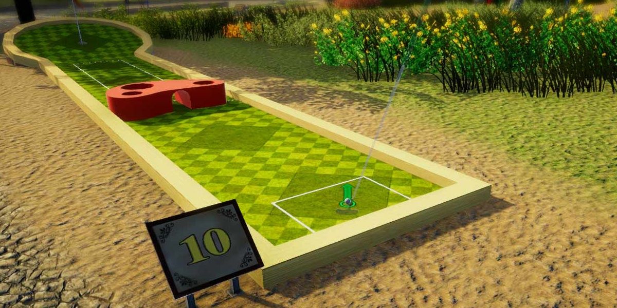 A player lines up their putt on a course.