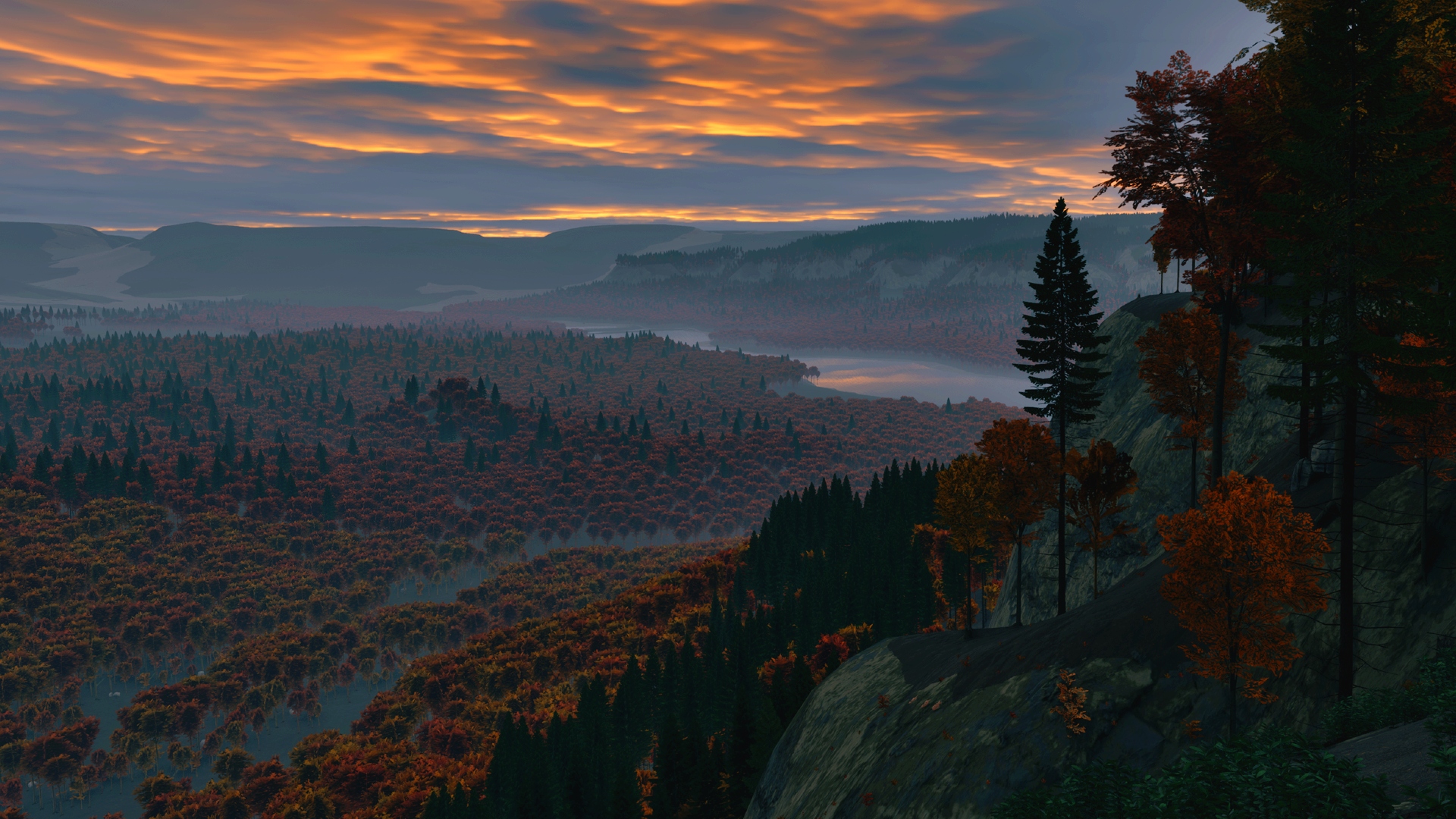 Prologue: A mountain forest vista at a cloudy sunset