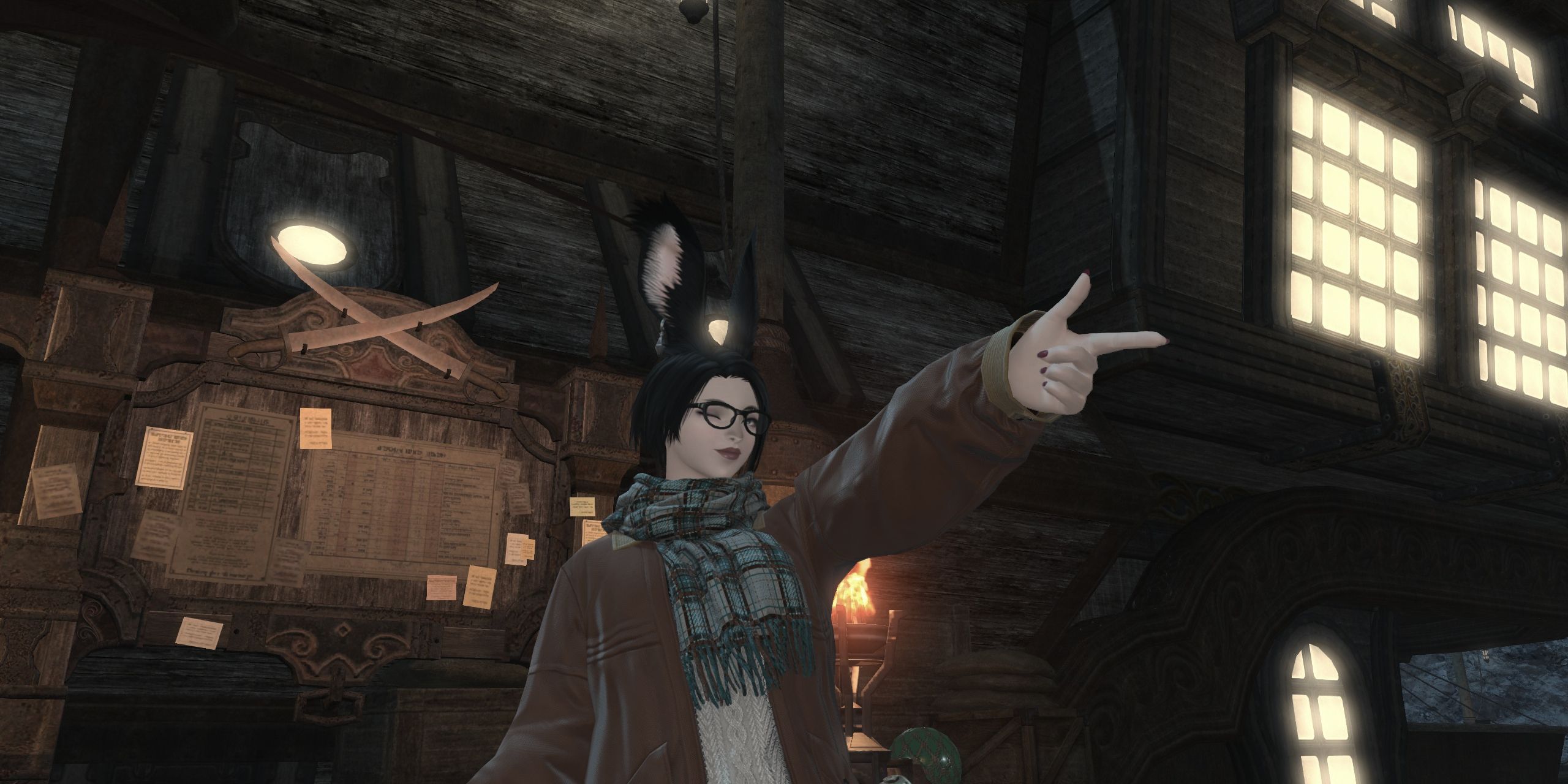 The Warrior Of Light doing a cute pose in the Wolves Den in Final Fantasy 14.