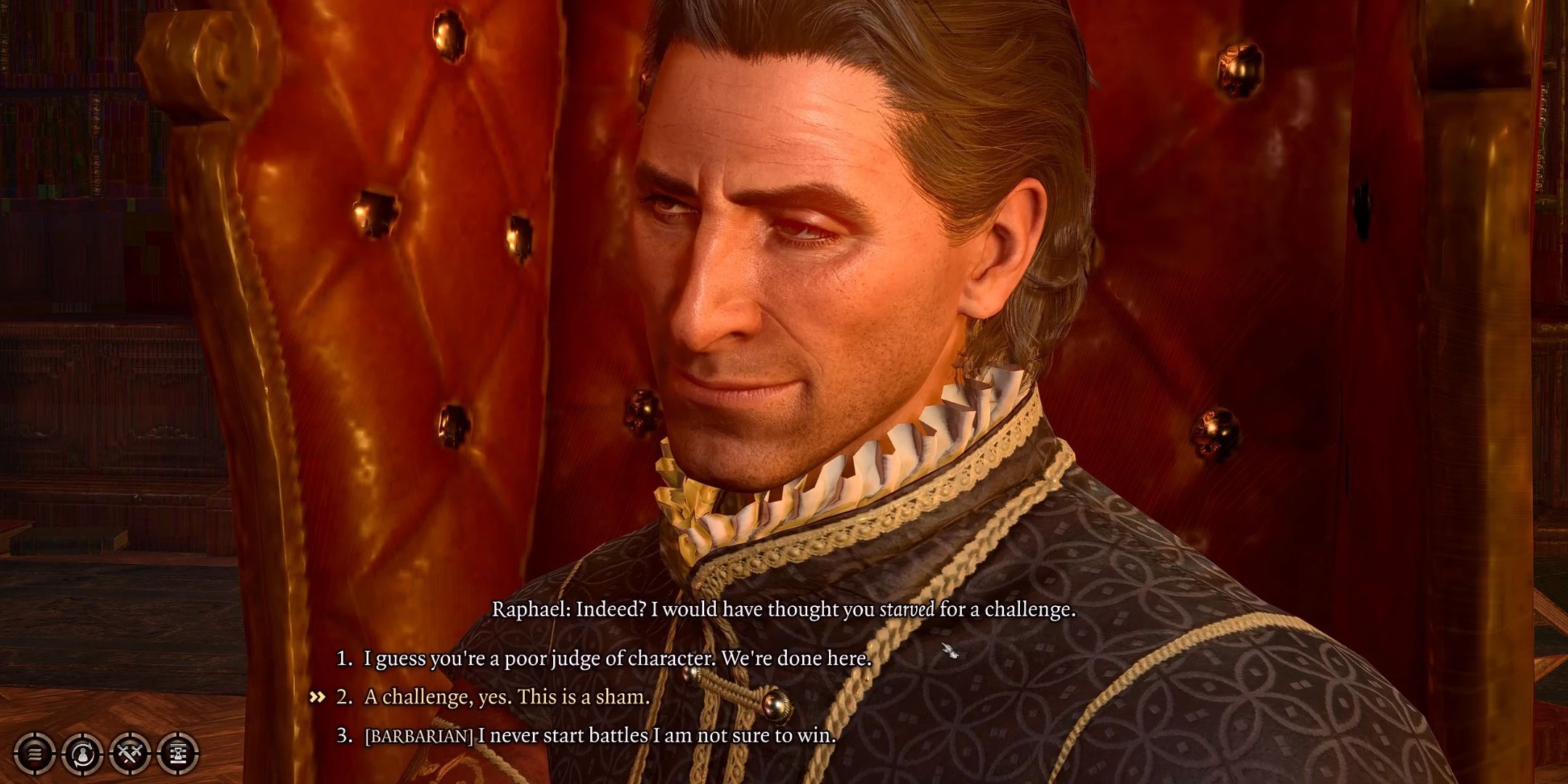 Dialogue in the fan-made romance with Raphael in Baldur's Gate 3. Raphael is challenging the player, and they have the option to accent or walk away