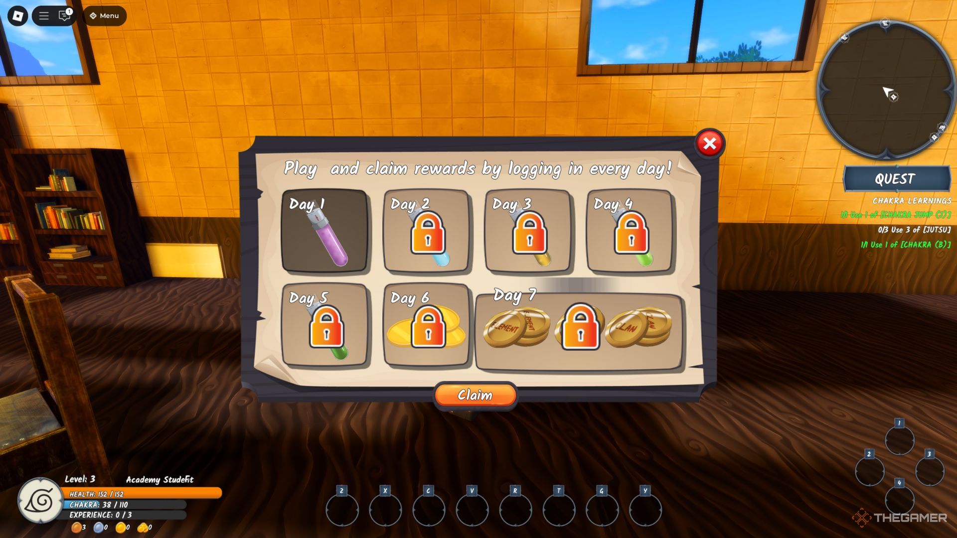 The player character shows the in-game rewards menu while being in the Leaf Village in Ninja Time.