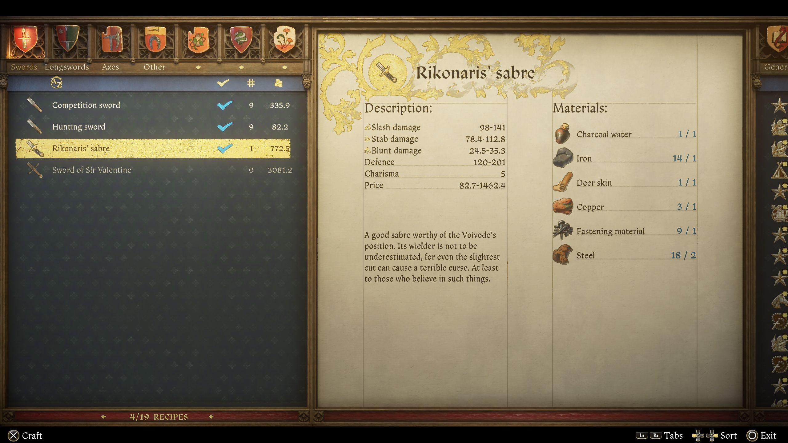Rikonaris' sabre recipe and the materials you need - kcd2