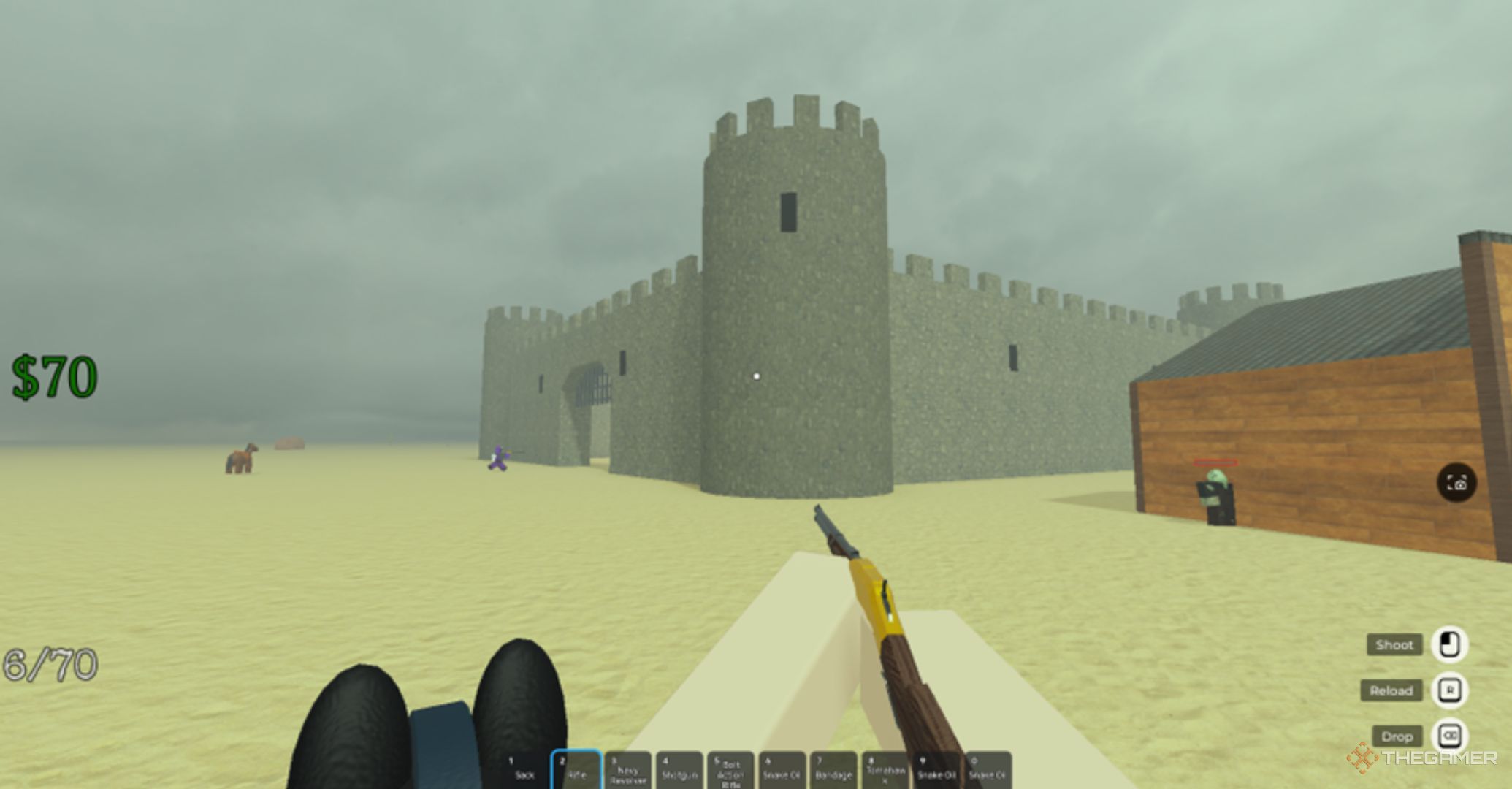 Roblox Dead Rails entrance to the castle with a building outside, a rifle and the top of a horse.