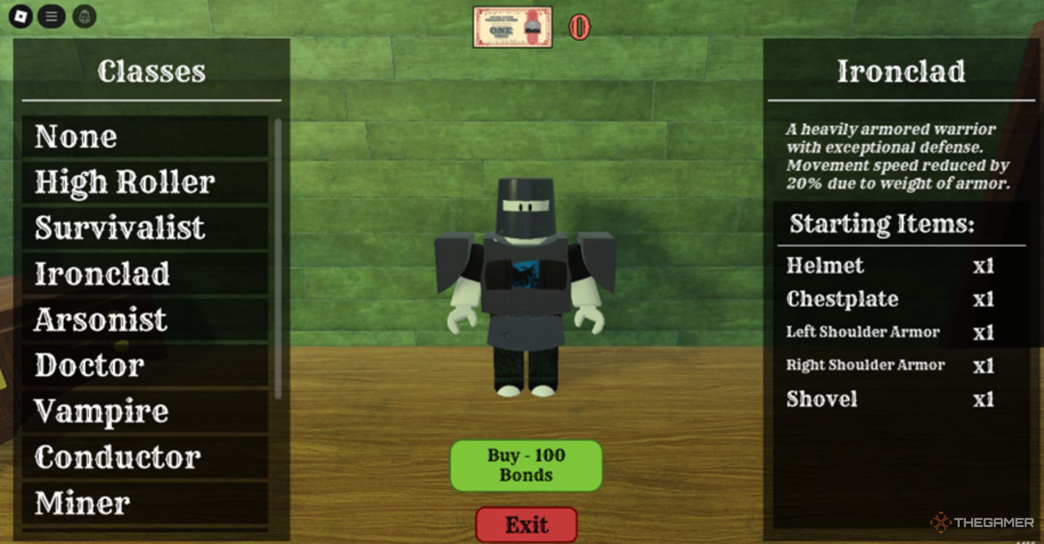 Roblox Dead Rails Classes Menu with eight visible options and one "bacon" character with armor.