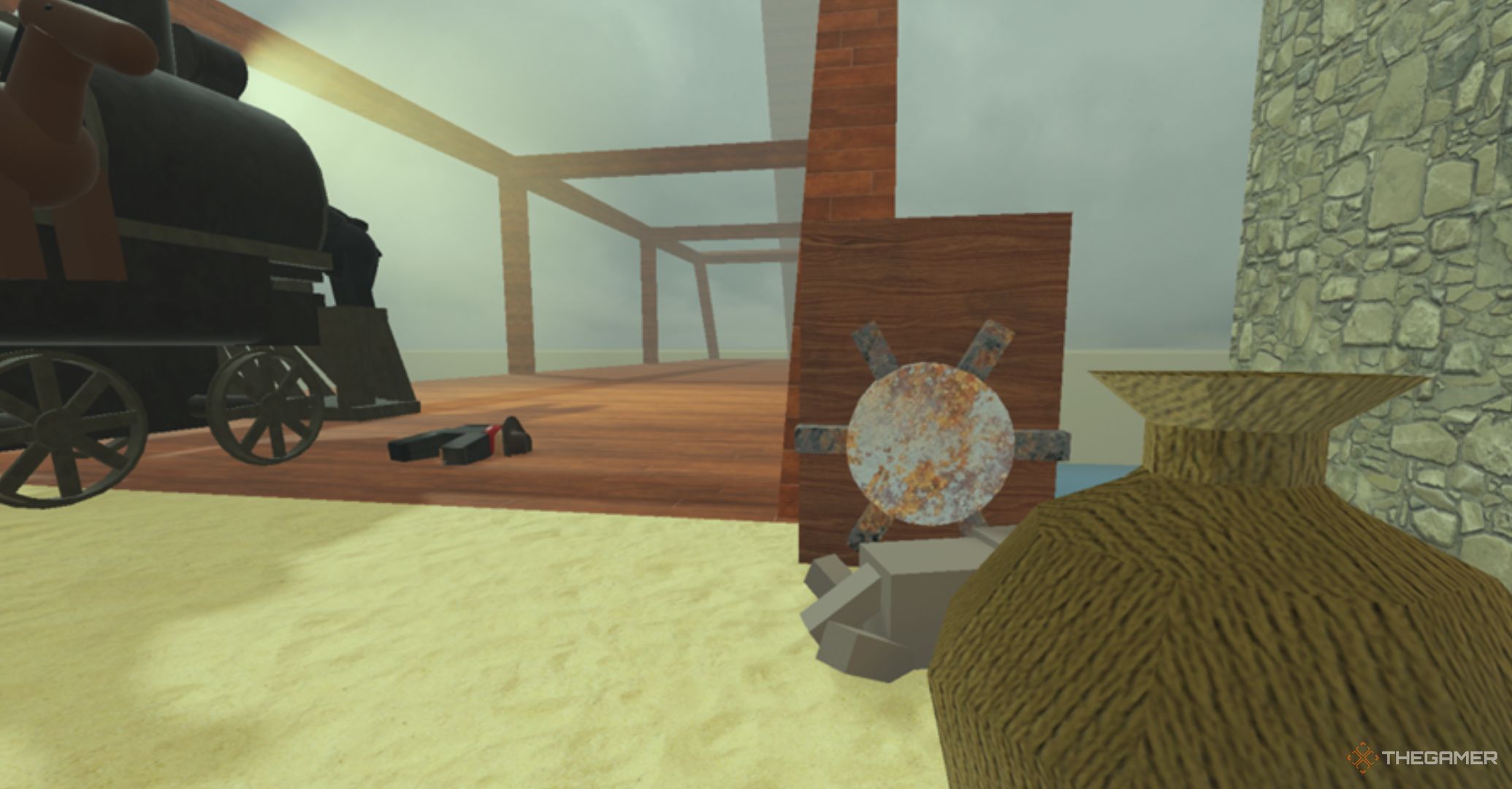 Roblox Dead Rails End Bridge Mechanism, a train on a bridge with a lever.