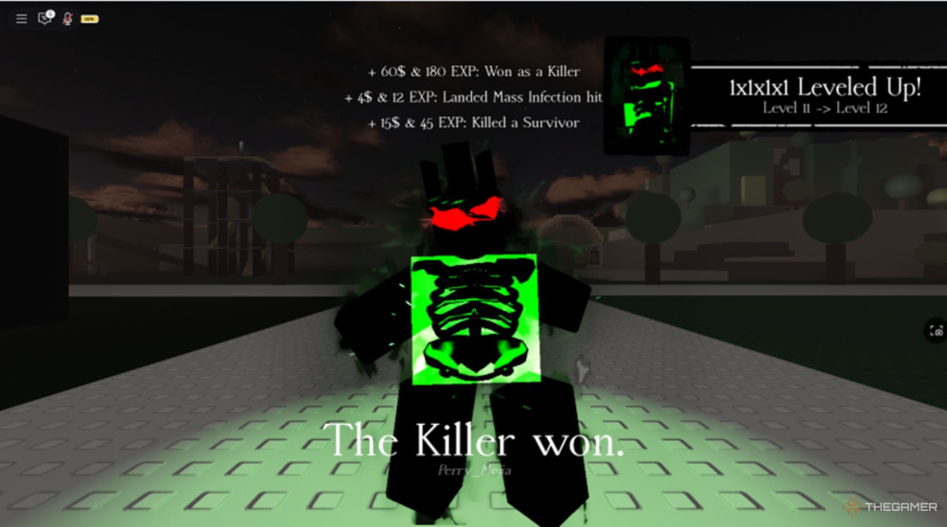 Roblox Forsaken 1x1x1x1 Killer standing in a dark yard, ribs are visible across his chest, winner screen.