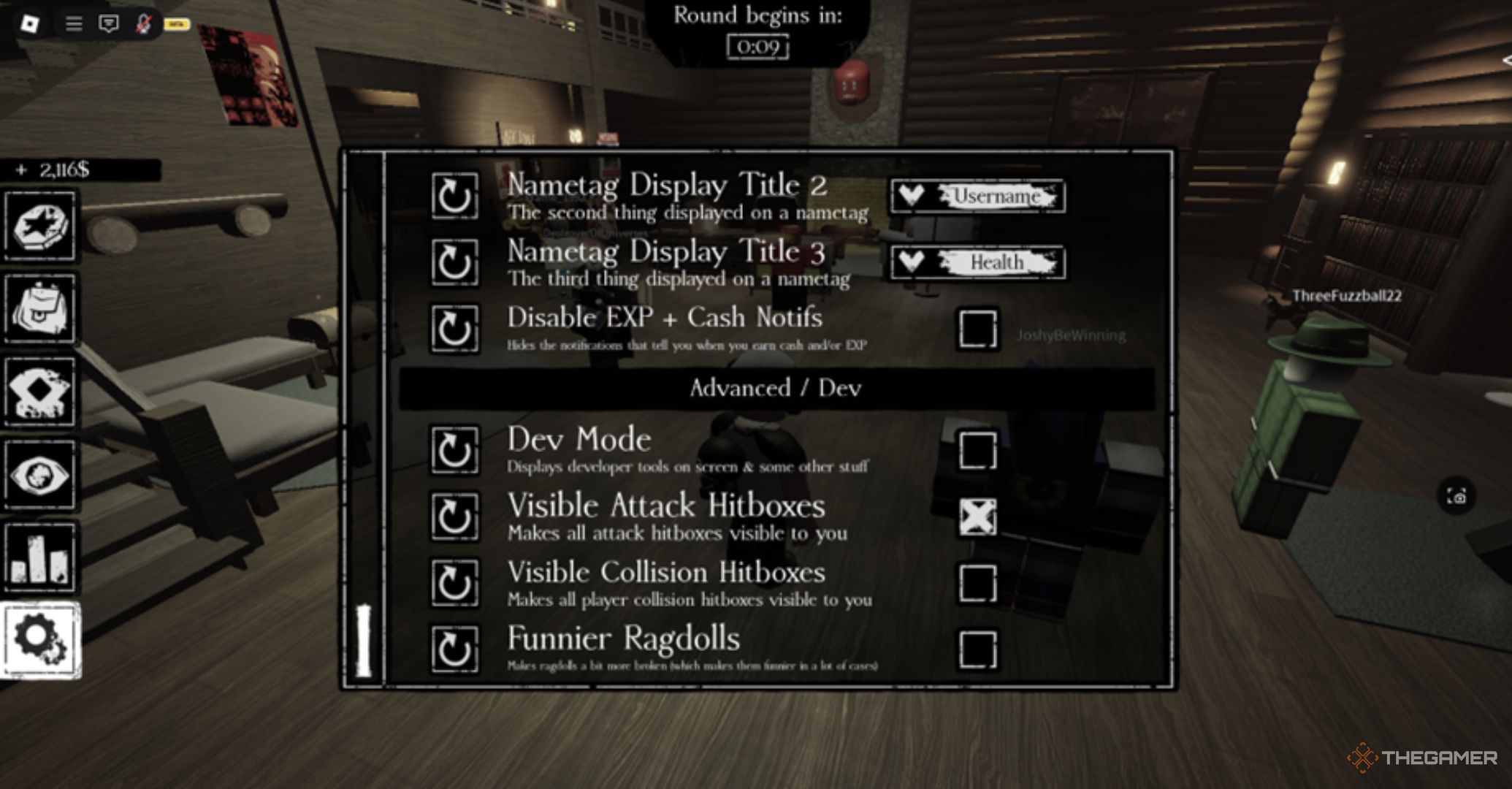 Roblox Forsaken Configuration Interface Menu showing Advance/Dev Options with the visible attack hitboxes active.