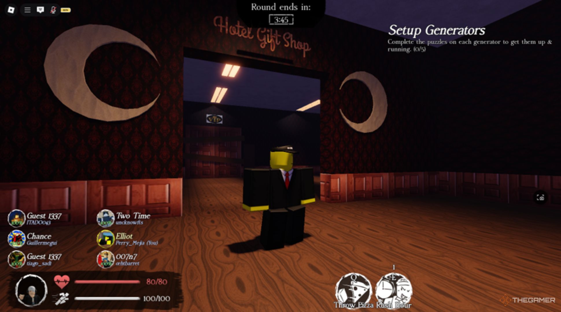 Roblox Forsaken Elliot Survivor, Standing in a big frame with two moons and "Hotel Gift Shop" sign.
