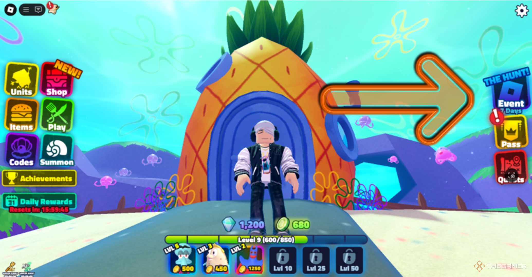 Roblox SpongeBob Tower Defense Lobby Pineapple with a character standing in the road, visualization of the interface.