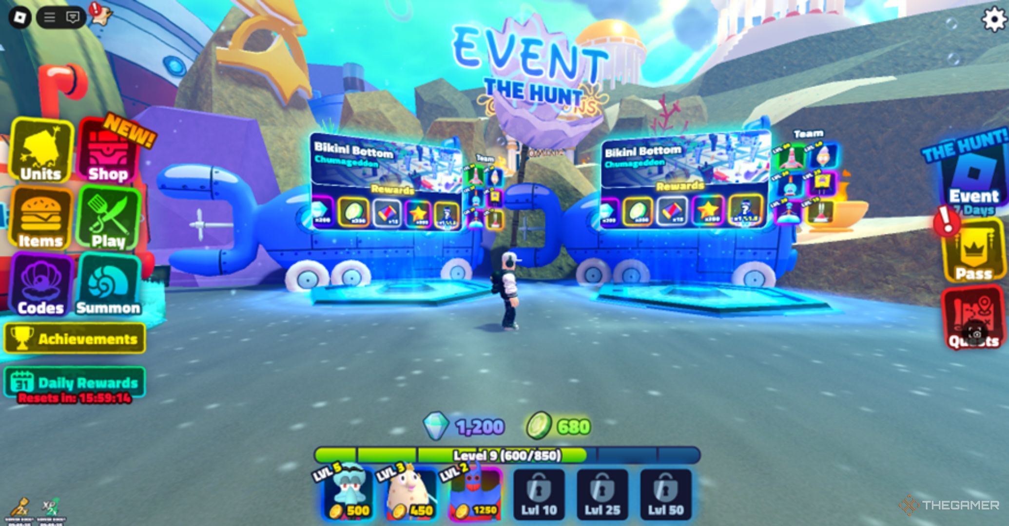 Roblox SpongeBob Tower Defense The Hunt Event Lobby with the Buses, interface and description of the game.