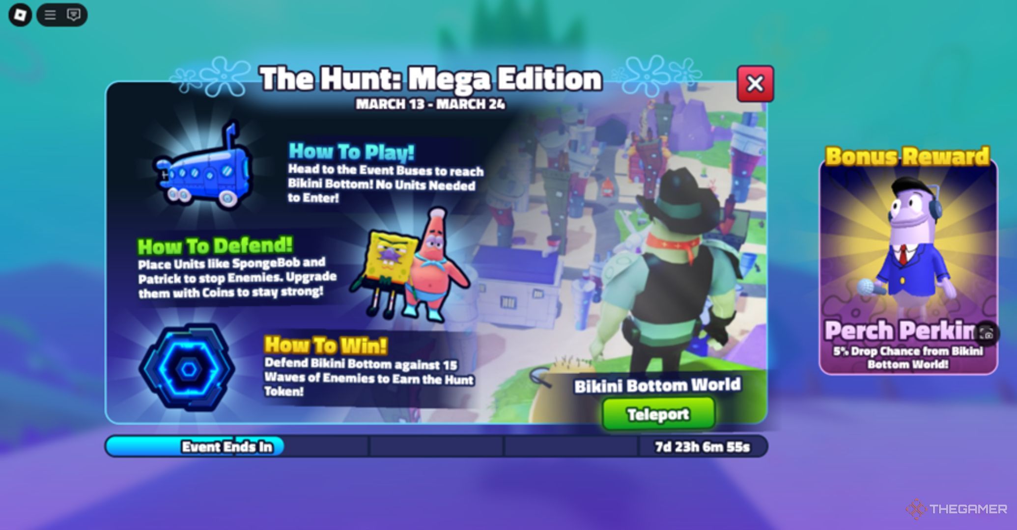 Roblox SpongeBob Tower Defense The Hunt Mega Edition Interface, with explanation of the event and spongebob characters.