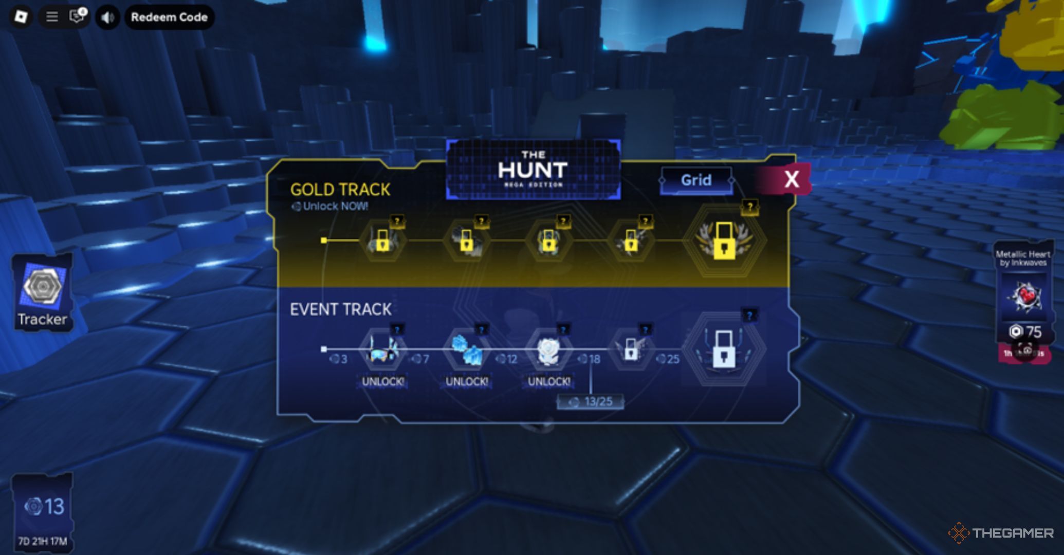 Roblox The Hunt Mega Edition Hub Traker Interface with ten rewards visible.