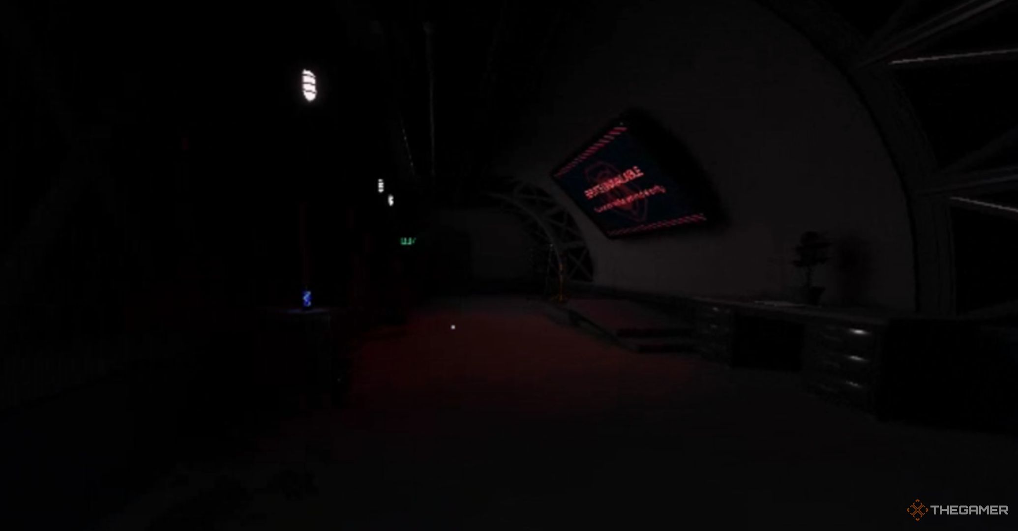 Roblox The Hunt Mega Edition Pressure Dark Room with a screen and tables.