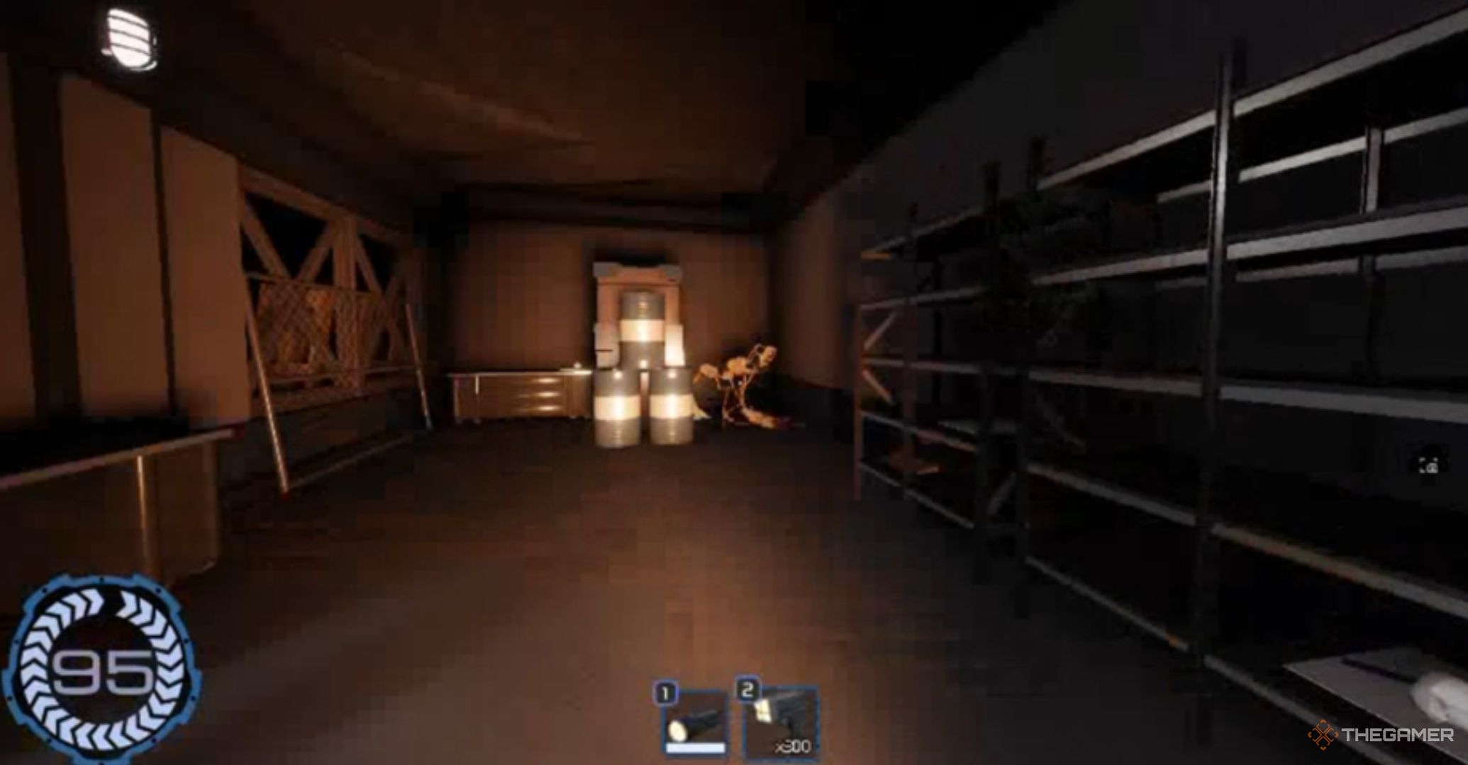 Roblox The Hunt Mega Edition Pressure Rebarb Entity between some barrels at the back of the room.