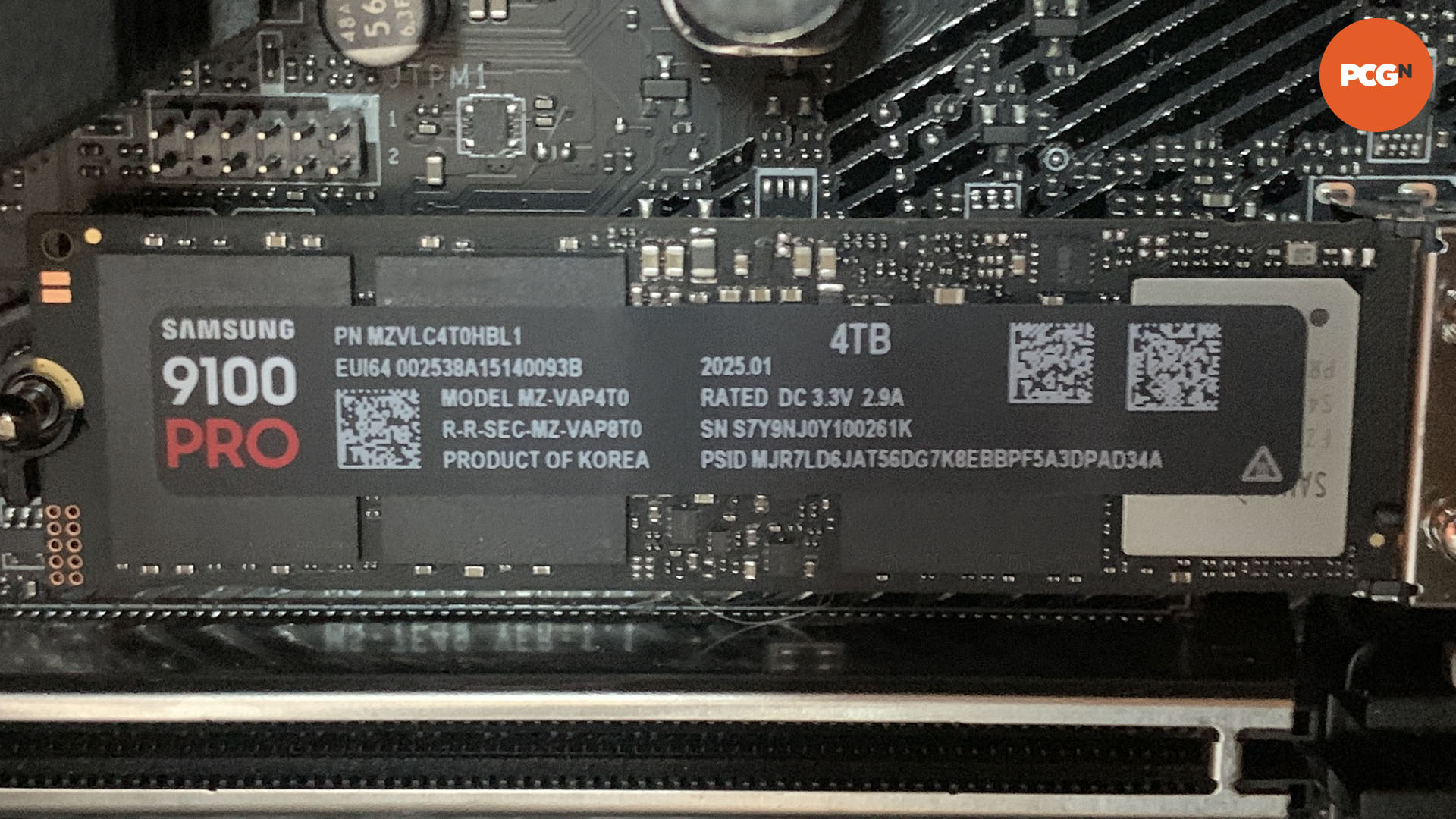 Samsung 9100 Pro review: 4TB SSD without heatsink installed in motherboard.