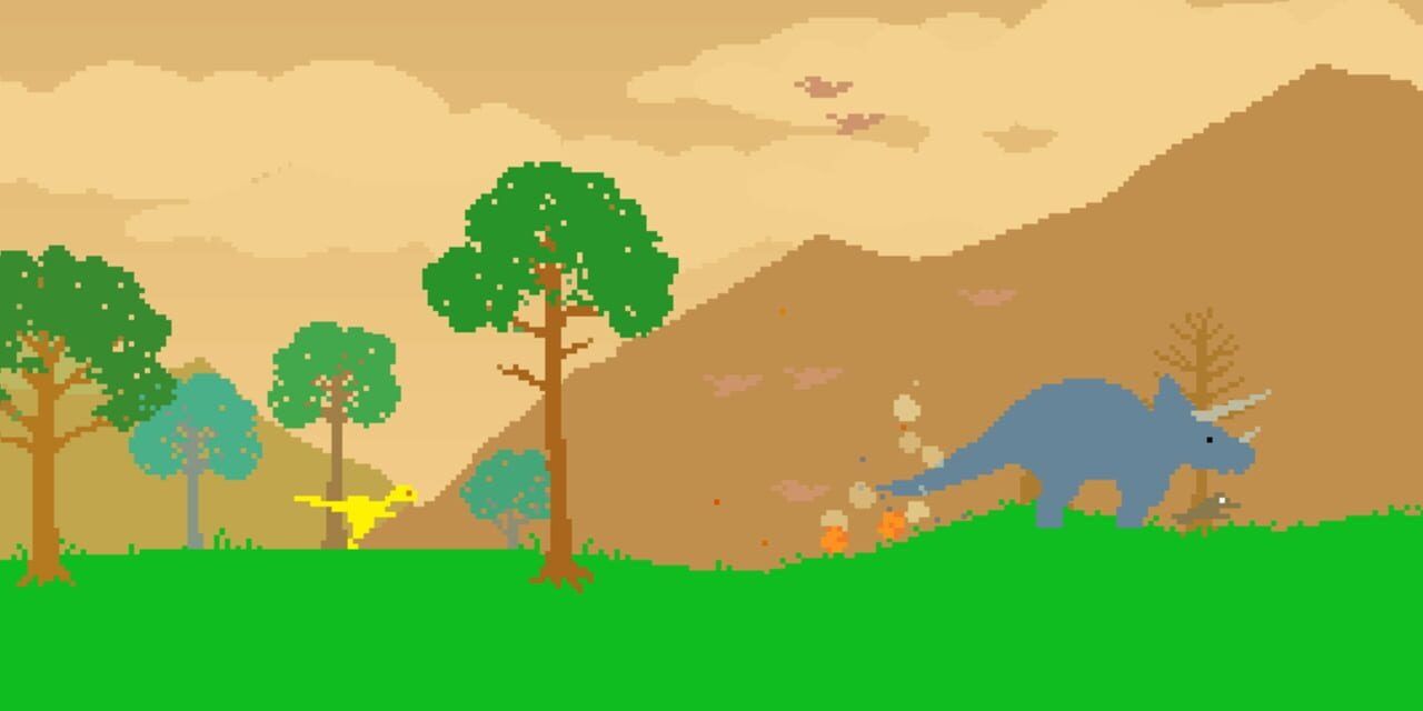 Flash game Dino Run gameplay, a dinosaur runs through a forest near a triceratops.