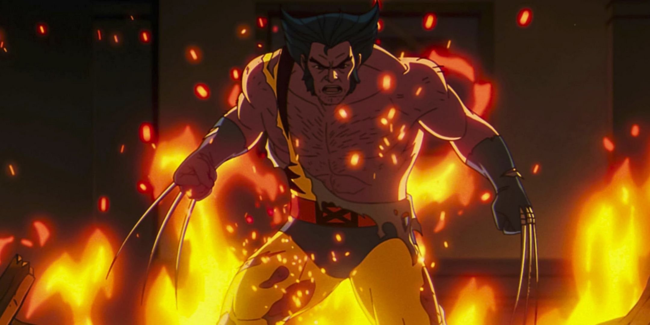 Wolverine stands, claws out, in a burning room.