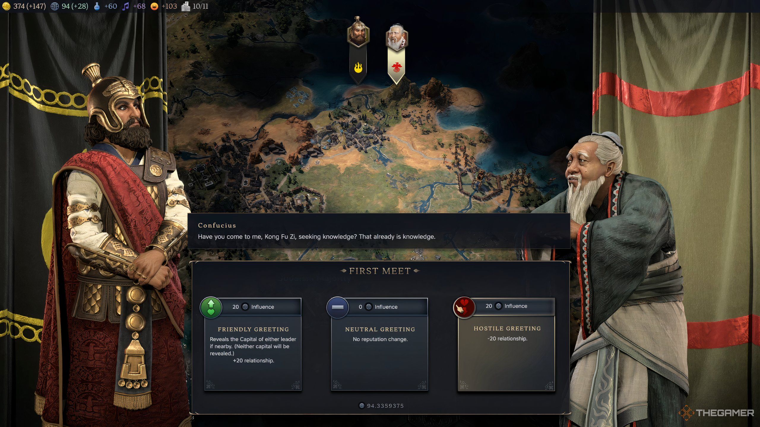 Xerxes and Confucius, two leaders in Civ 7, having diplomacy. 