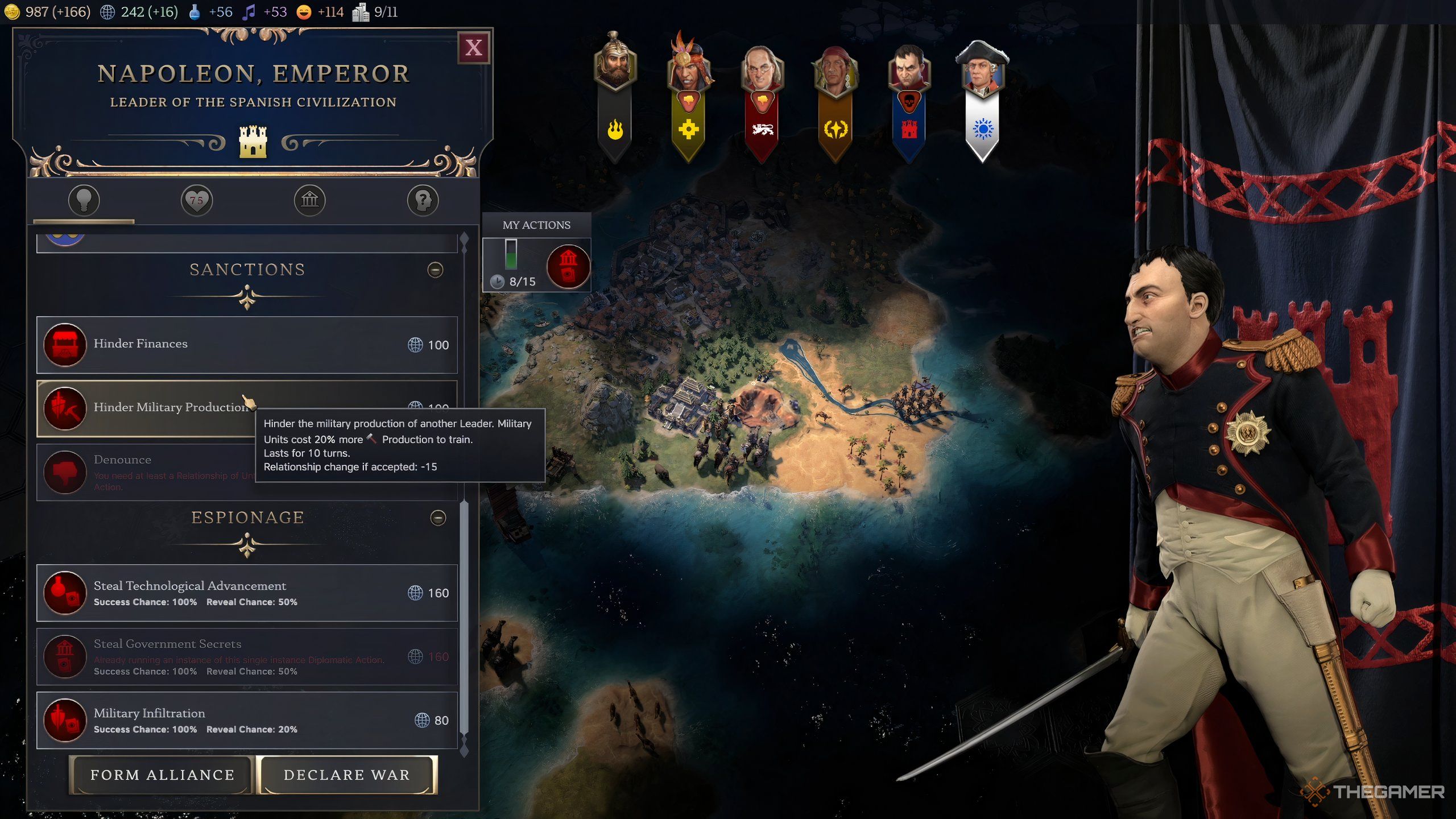 The Espionage menu in Civ 7, featuring Napoleon's Diplomacy screen. 