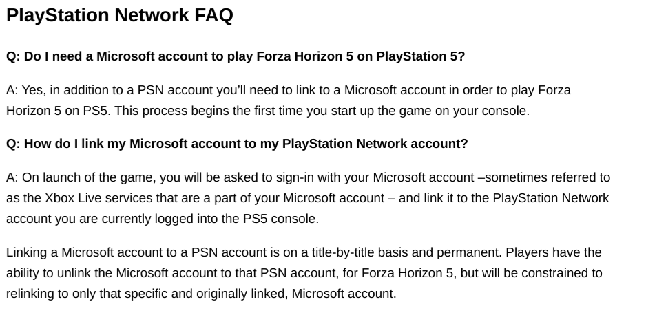 A note confirming that you'll need a Microsoft account for Forza Horizon 5 on PS5.
