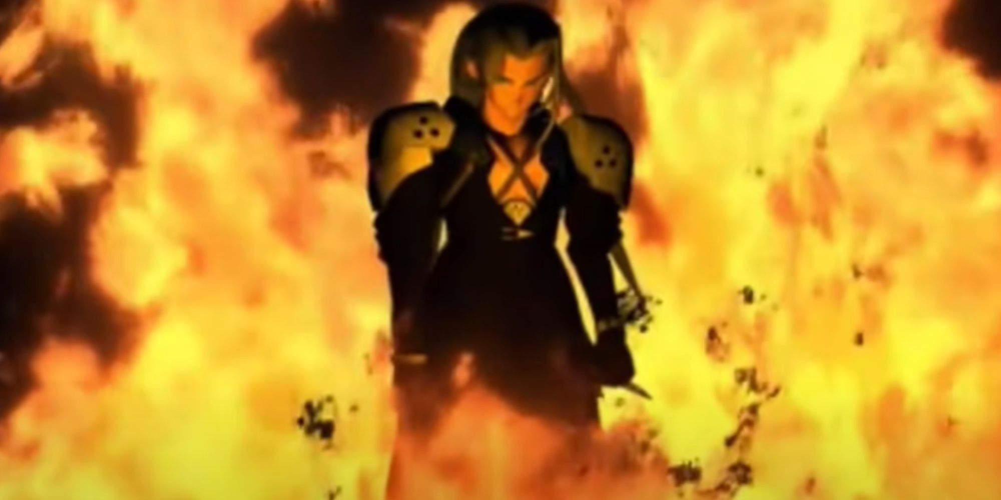 Sephiroth surrounded by fire in Final Fantasy 7.