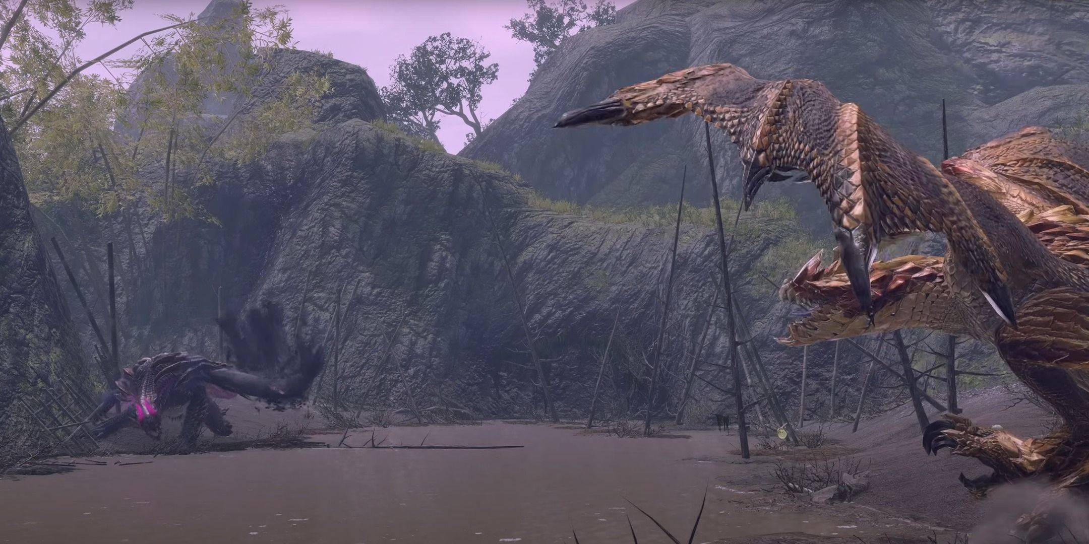 Seregios and Gore Magala stand off in Monster Hunter Rise: Sunbreak.