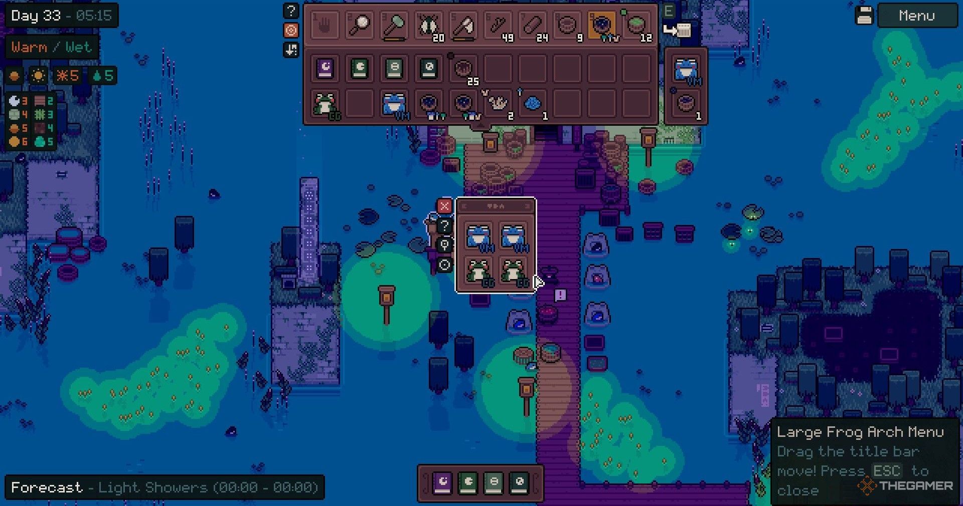 Several frogs stored in a frog arch in Mudborne.