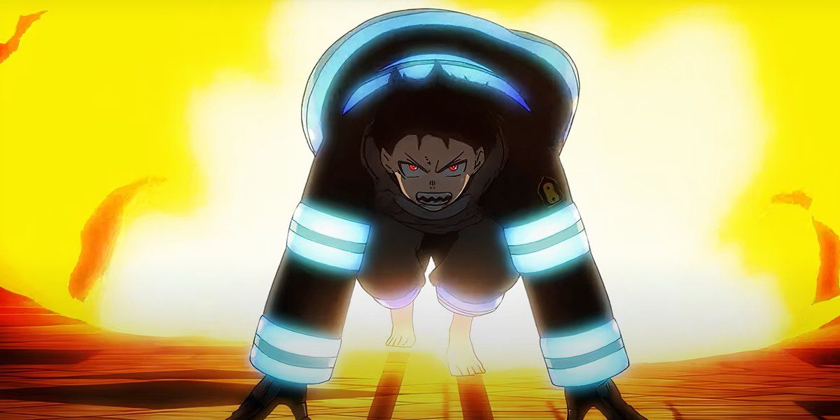 Shinra Kusakabe charges with flames behind him in Fire Force.